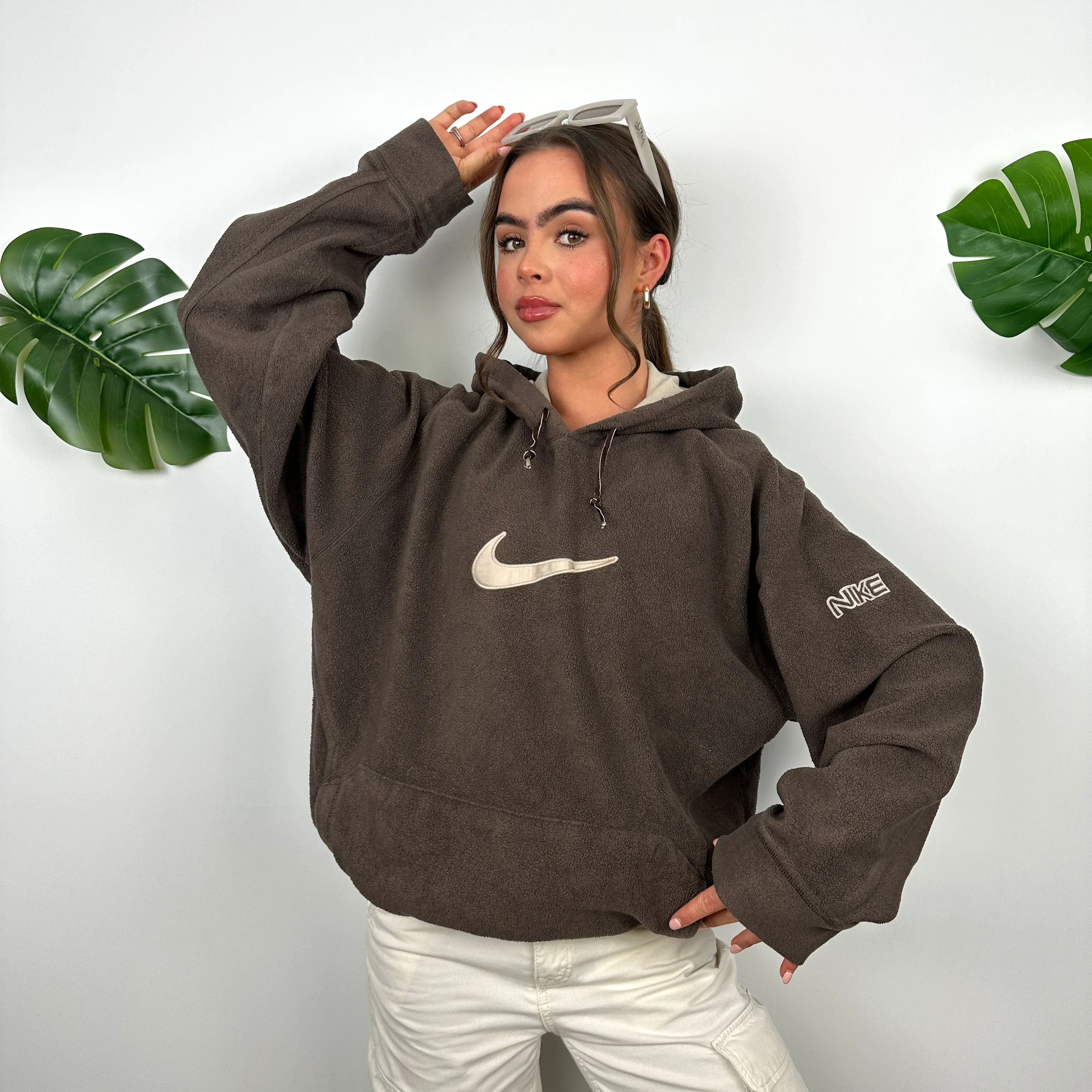 Nike Brown Embroidered Spell Out Teddy Bear Fleece Hoodie (L) - Image 4