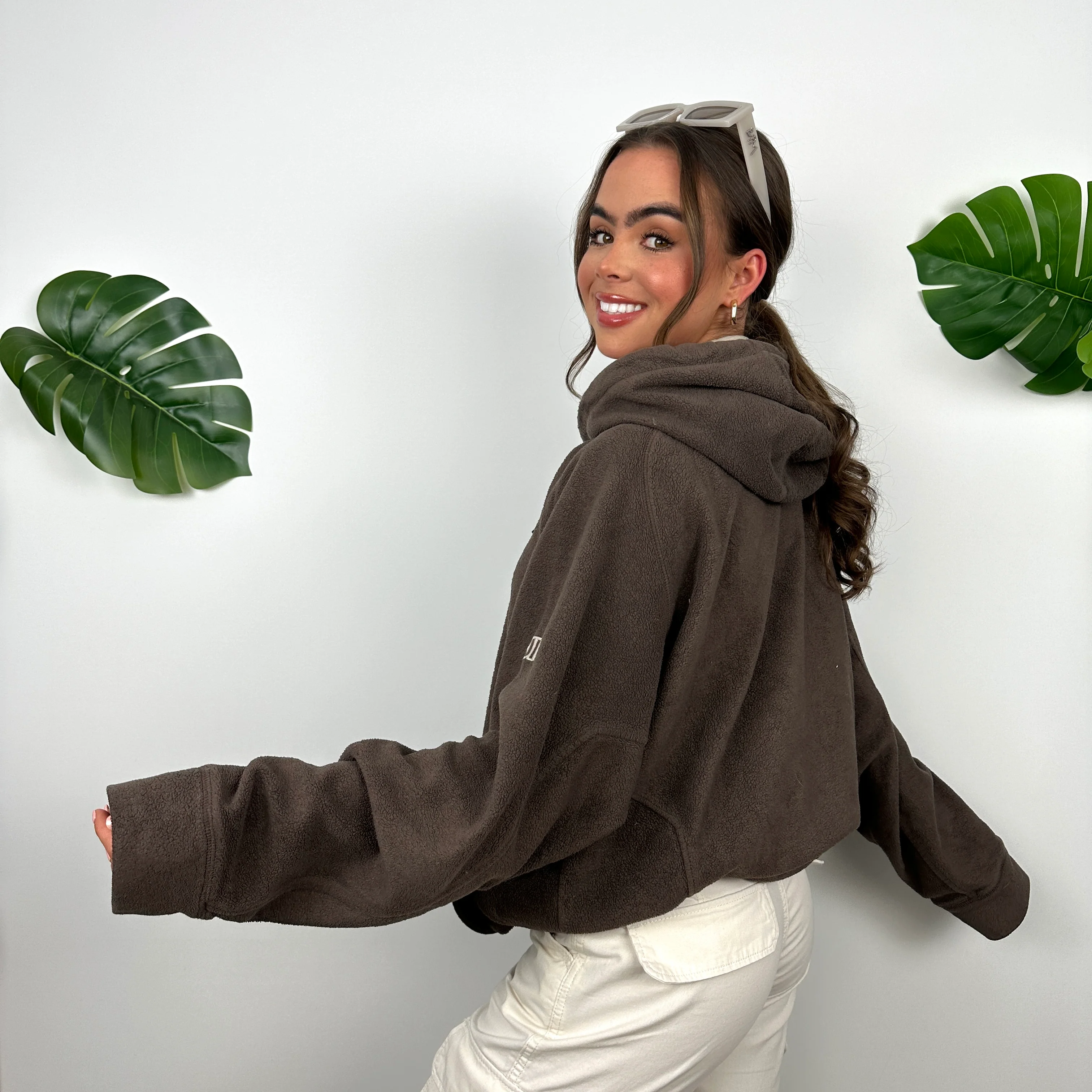Nike Brown Embroidered Spell Out Teddy Bear Fleece Hoodie (L) - Image 5
