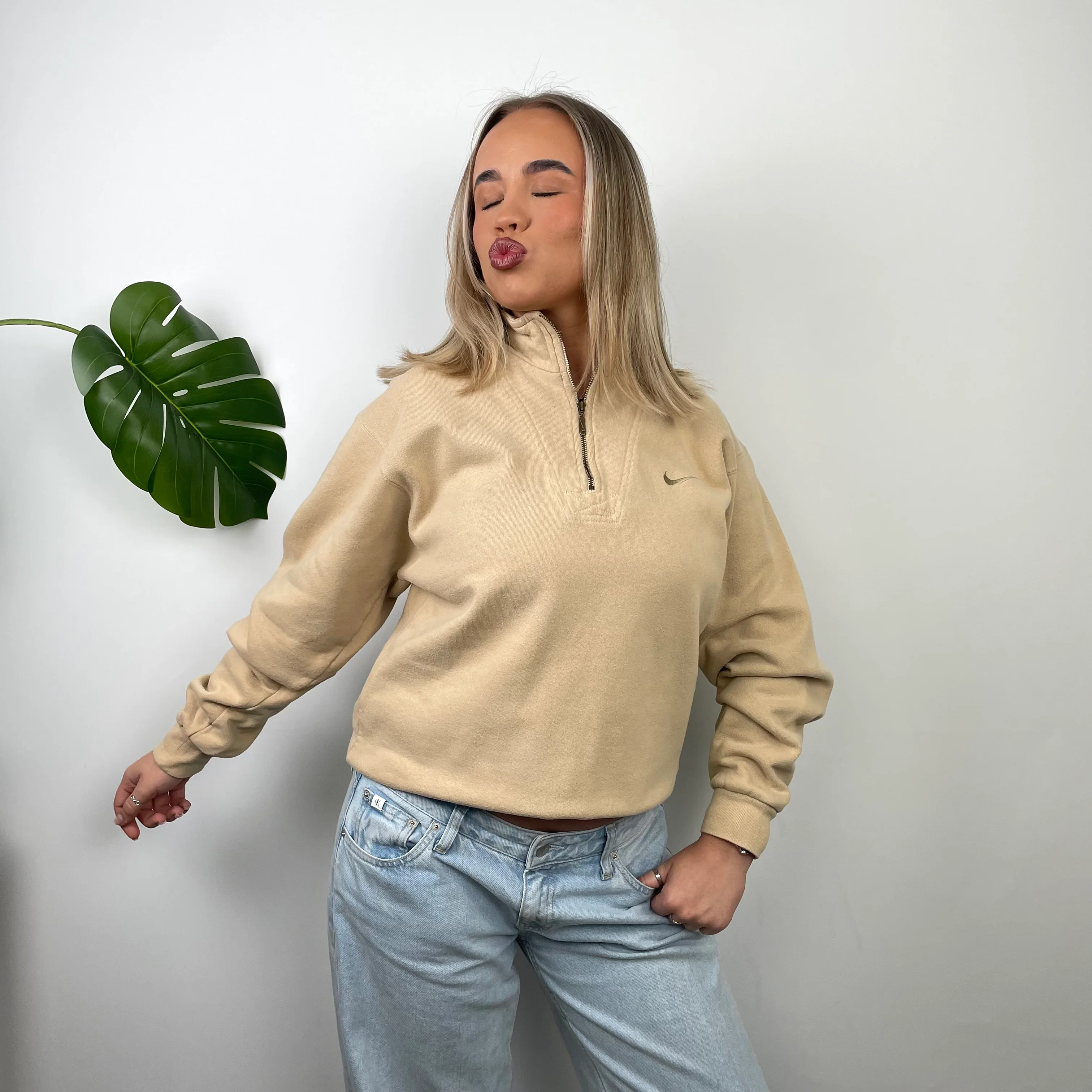 Nike Tan Embroidered Swoosh Quarter Zip Sweatshirt (M) - Image 2