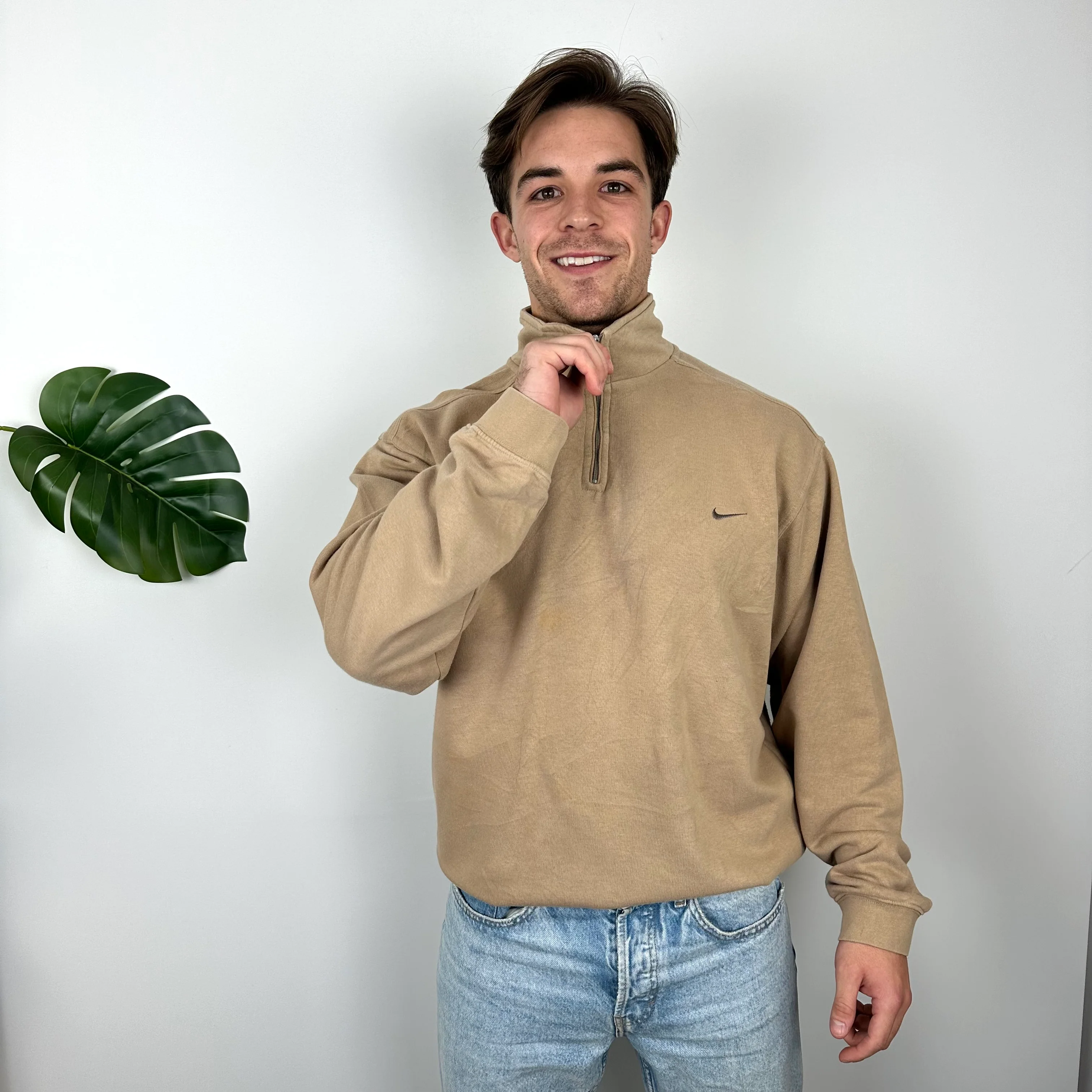 Nike Brown Embroidered Swoosh Quarter Zip Sweatshirt (L) - Image 2
