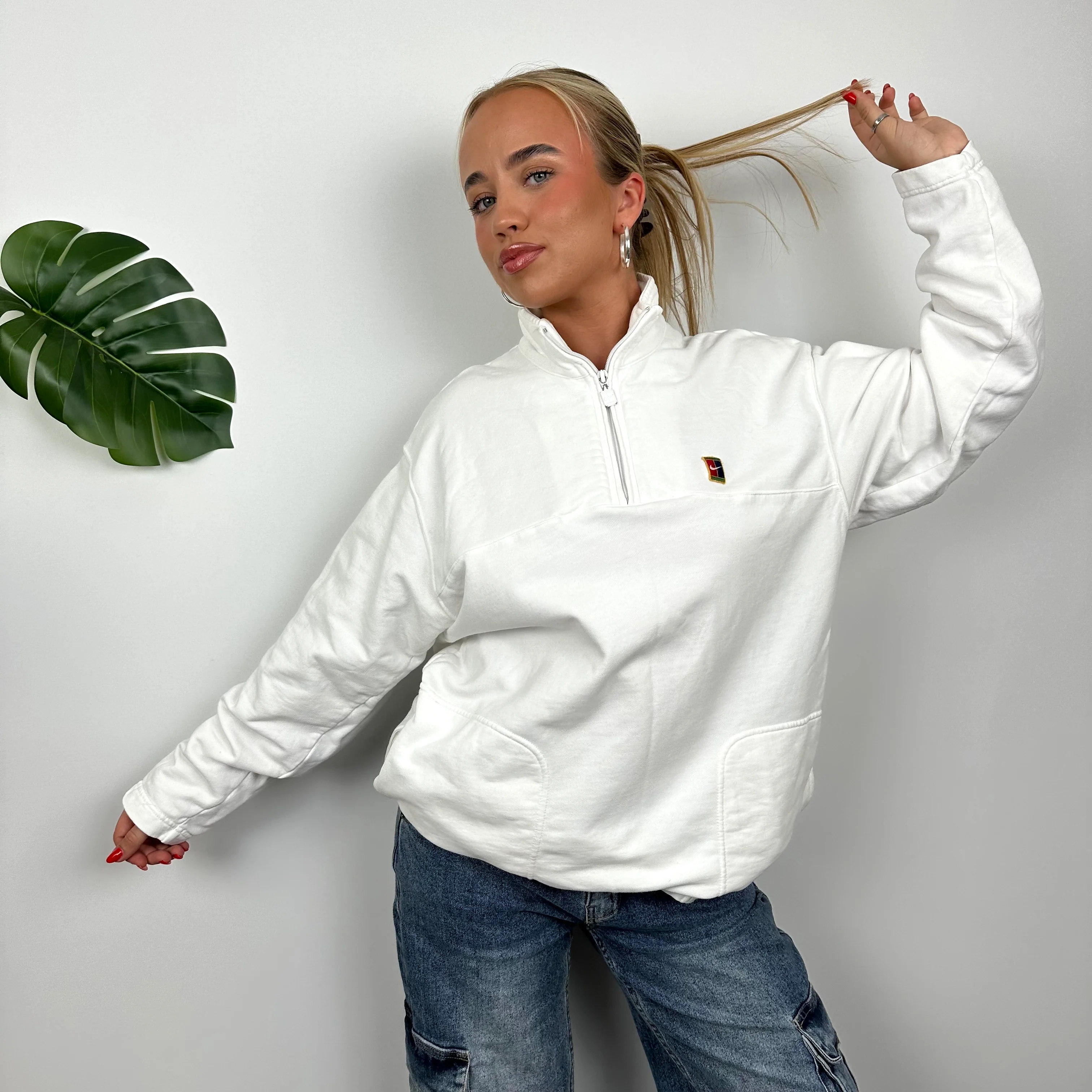 Nike Challenge Court RARE White Embroidered Swoosh Quarter Zip Sweatshirt (M) - Image 2