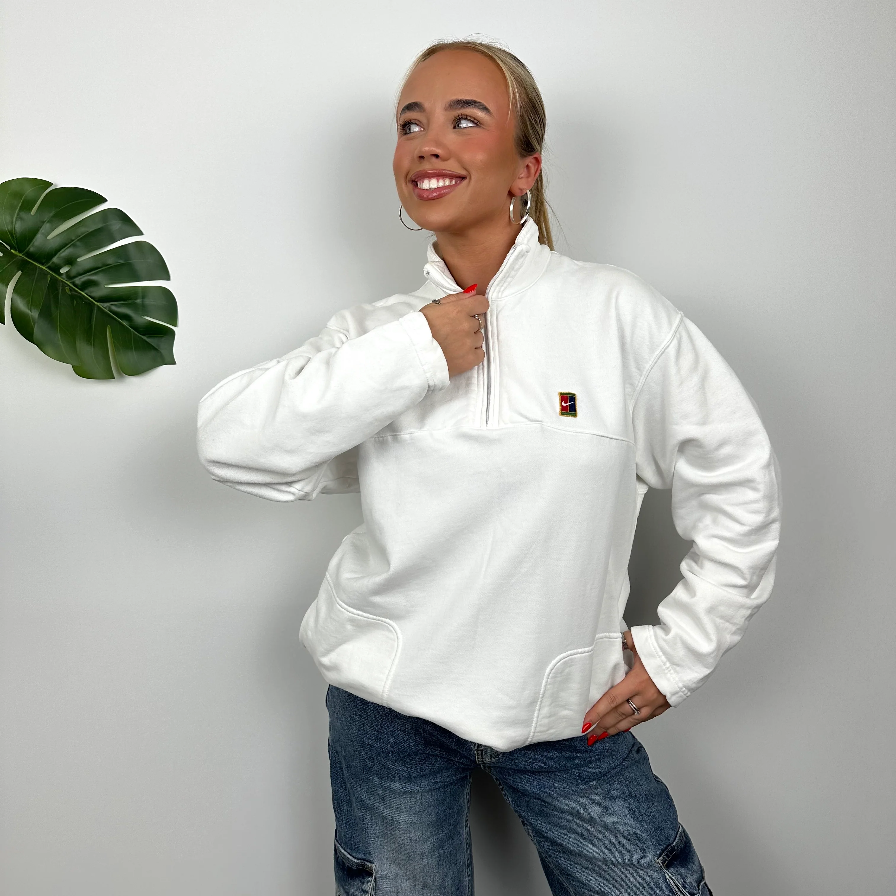 Nike Challenge Court RARE White Embroidered Swoosh Quarter Zip Sweatshirt (M) - Image 3