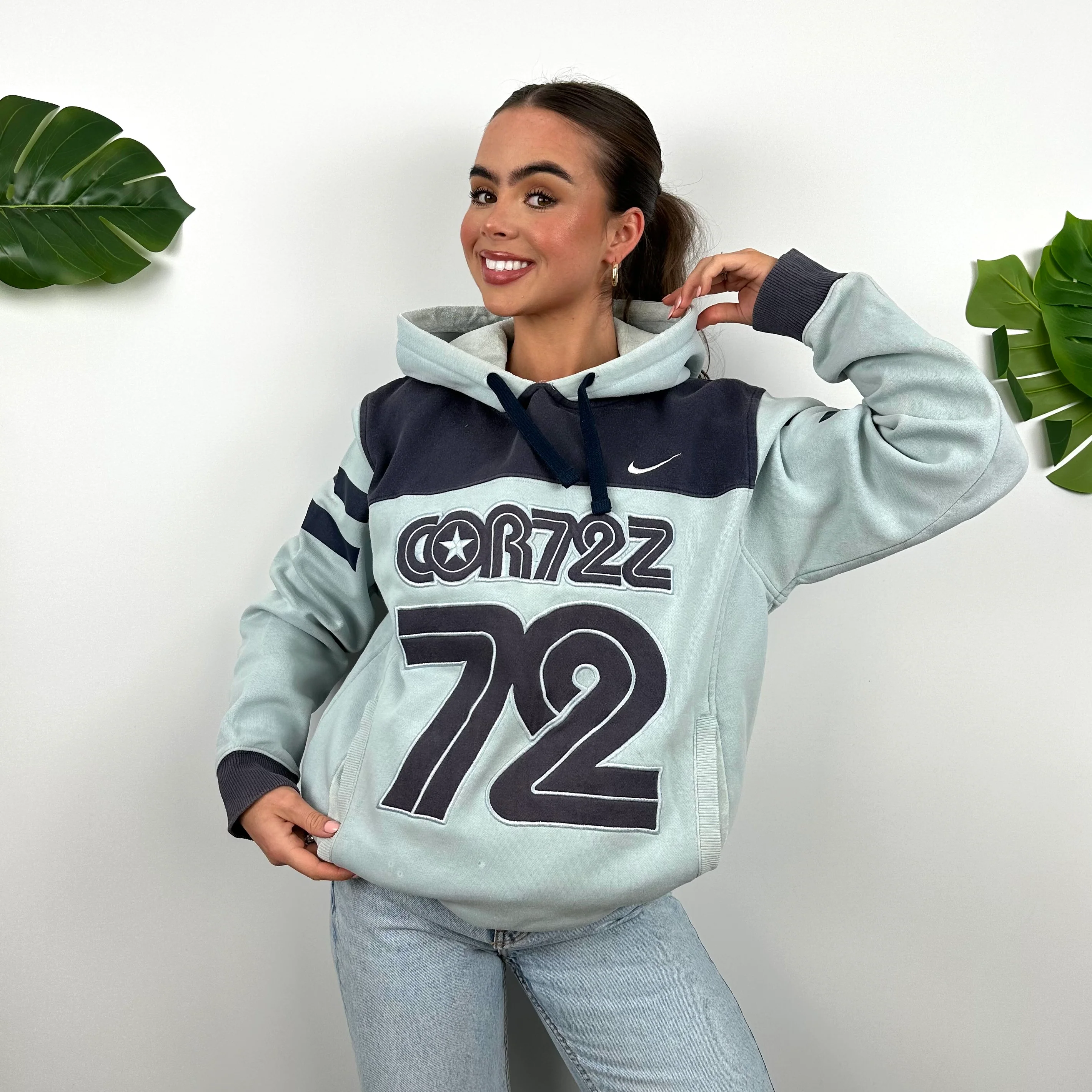Nike Cortez Baby Blue Embroidered Spell Out Hoodie (M) - Image 2
