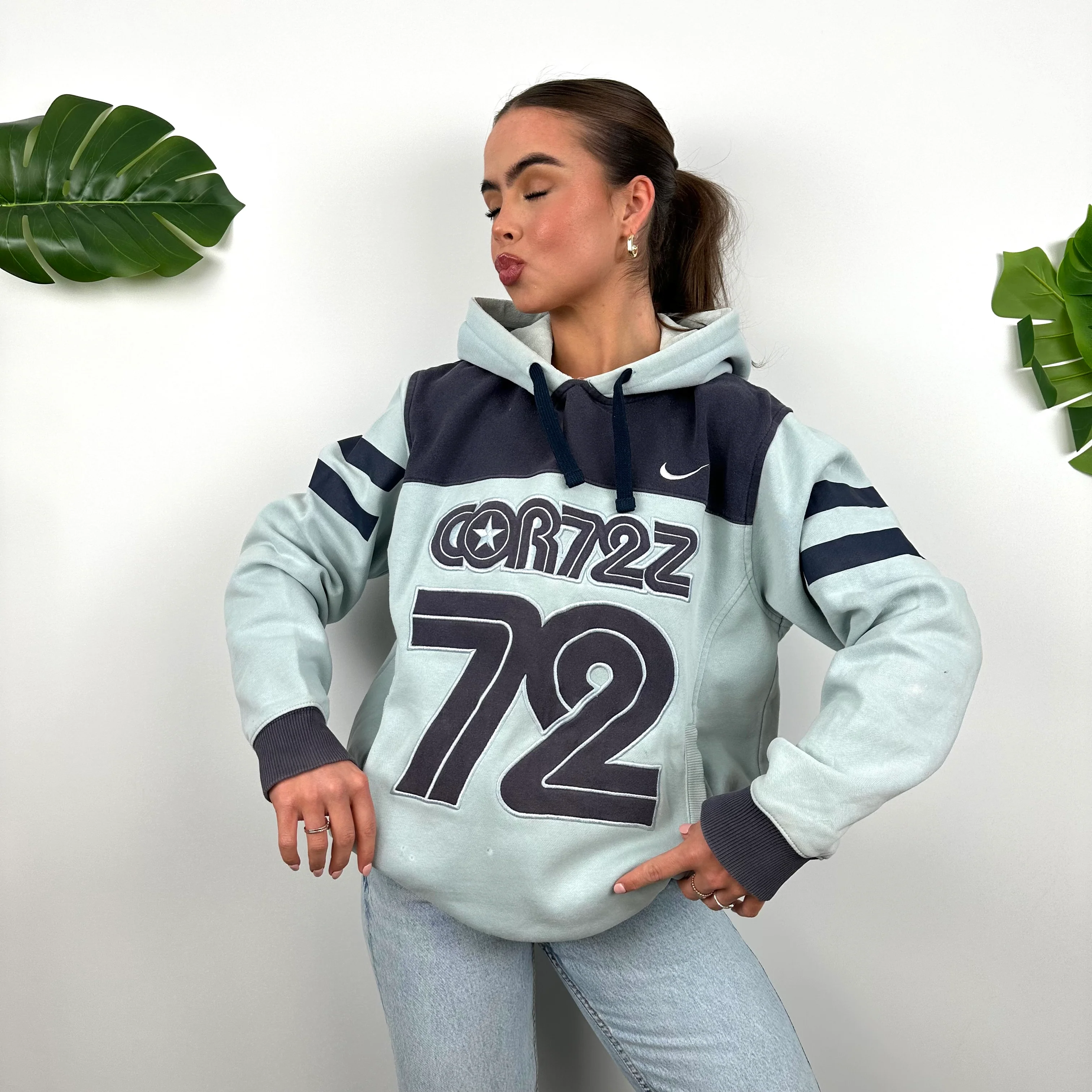 Nike Cortez Baby Blue Embroidered Spell Out Hoodie (M) - Image 4