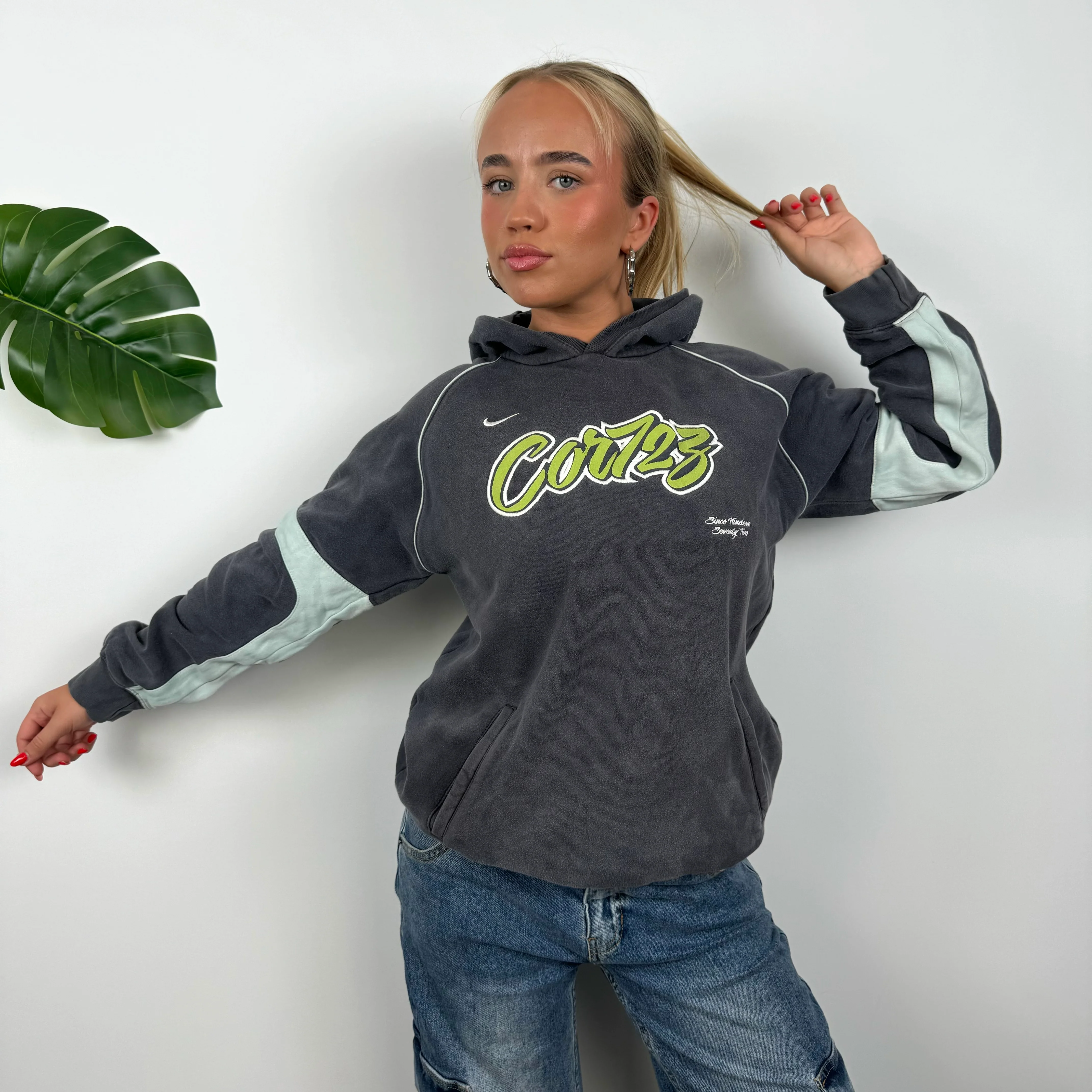 Nike Cortez Grey Embroidered Spell Out Hoodie (S) - Image 2