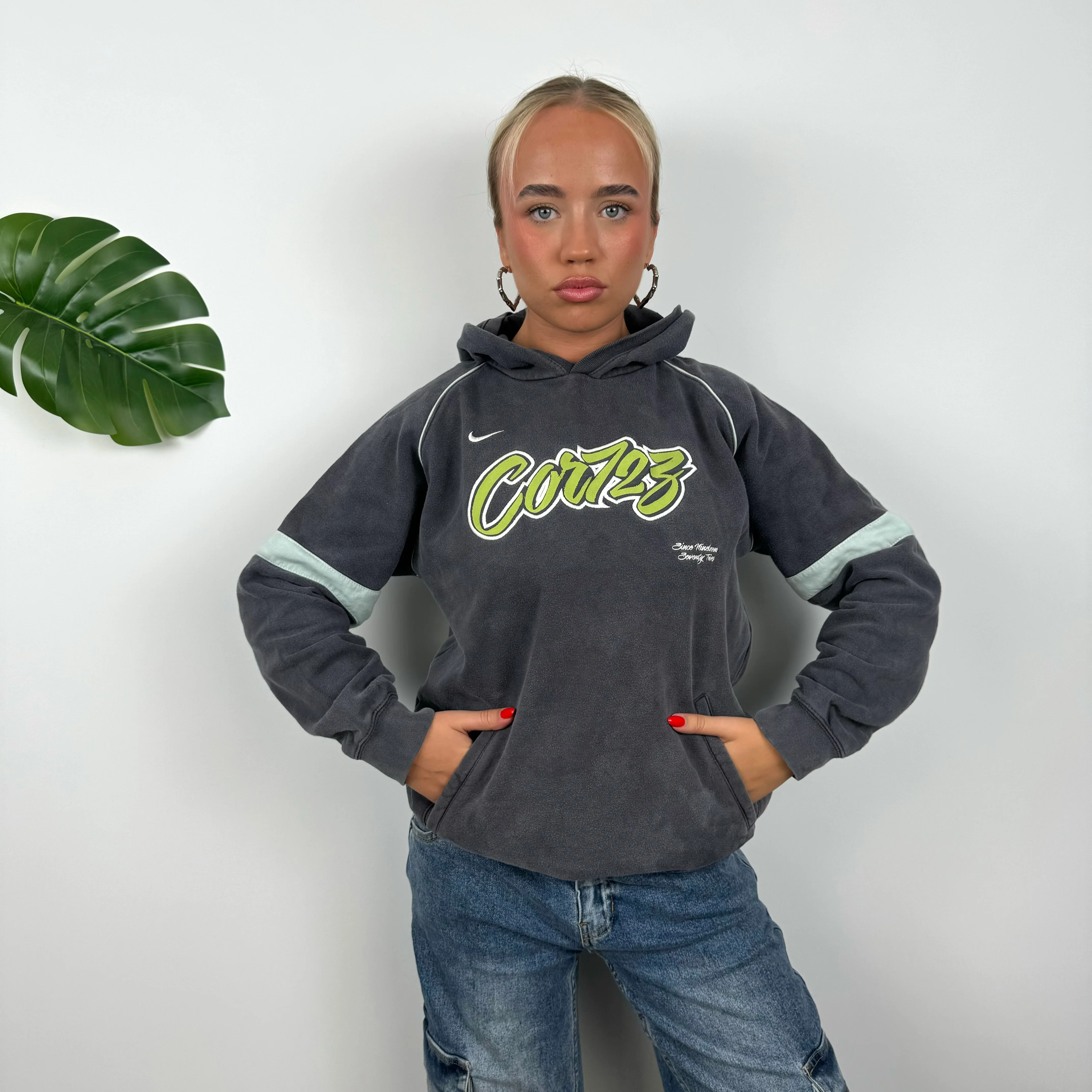 Nike Cortez Grey Embroidered Spell Out Hoodie (S) - Image 3