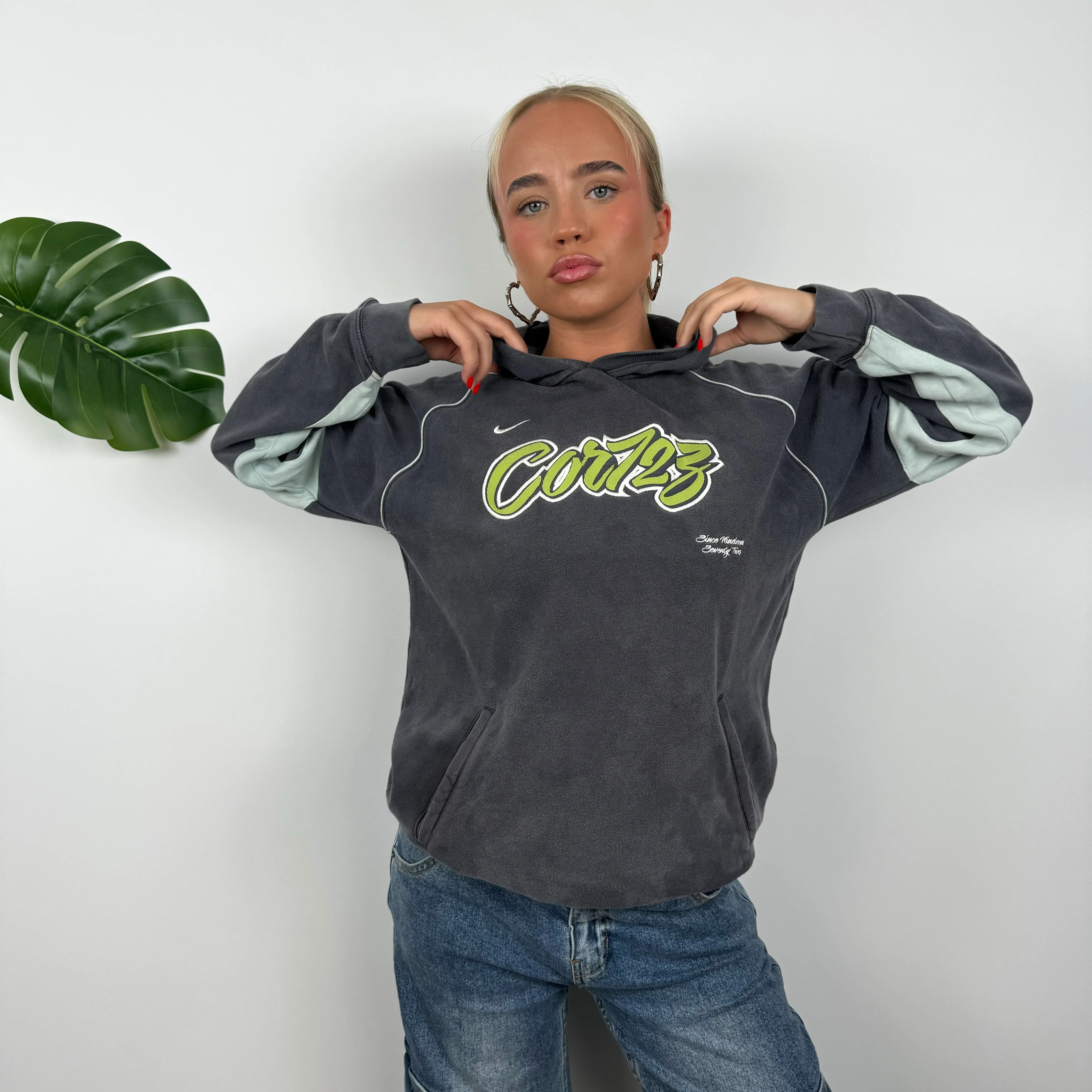 Nike Cortez Grey Embroidered Spell Out Hoodie (S) - Image 4