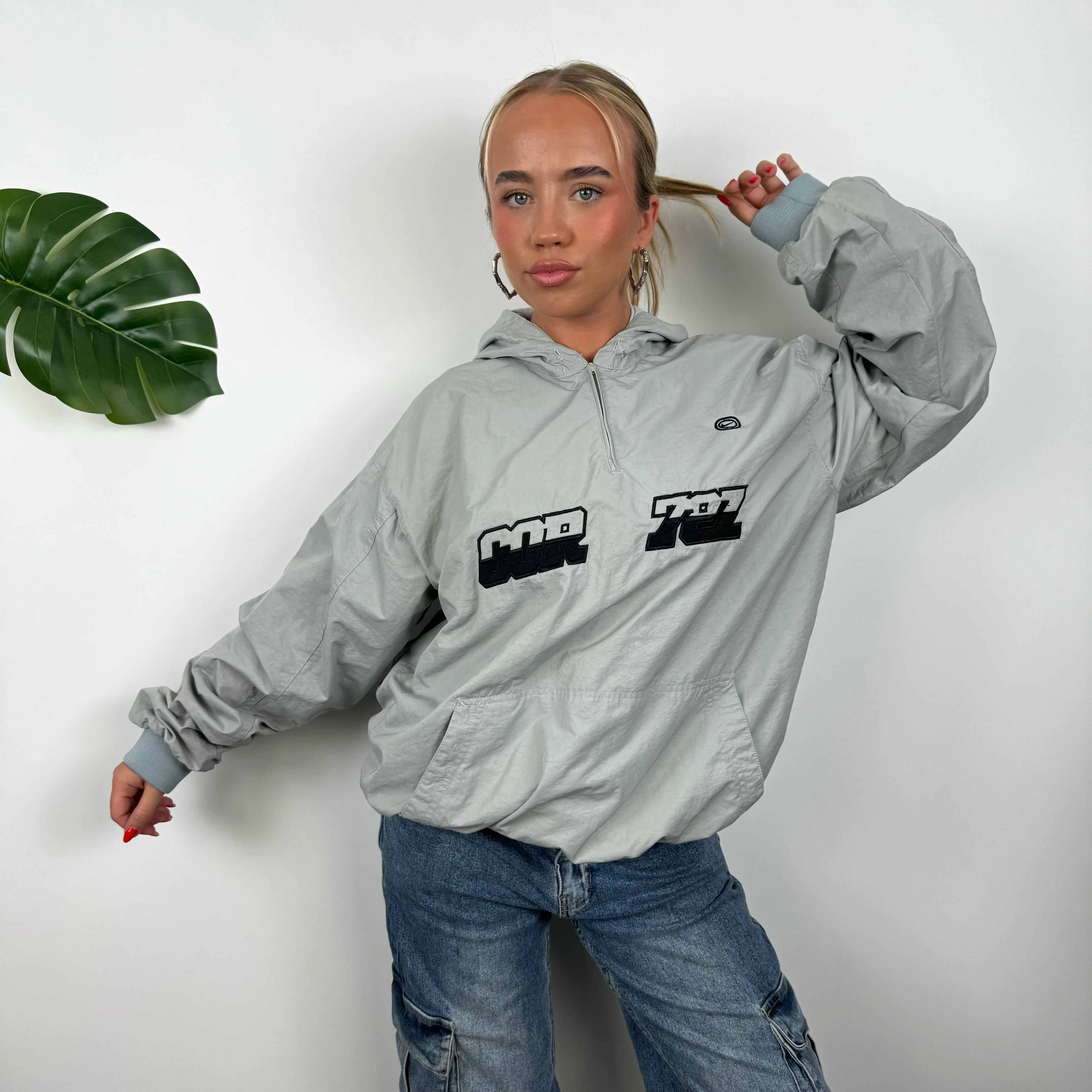 Nike Cortez Grey Embroidered Spell Out Quarter Zip Pullover Windbreaker Jacket (XL) - Image 2