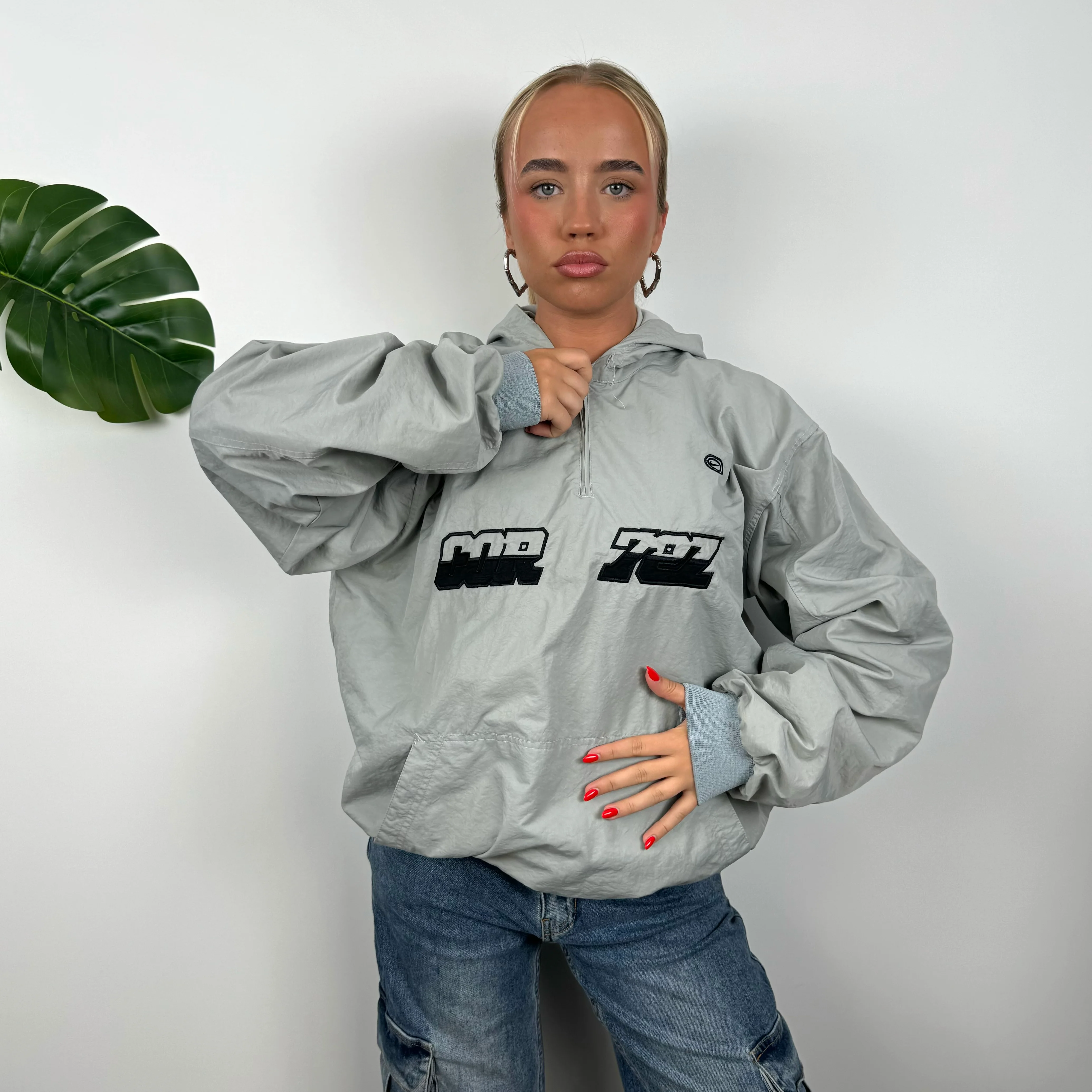 Nike Cortez Grey Embroidered Spell Out Quarter Zip Pullover Windbreaker Jacket (XL) - Image 3