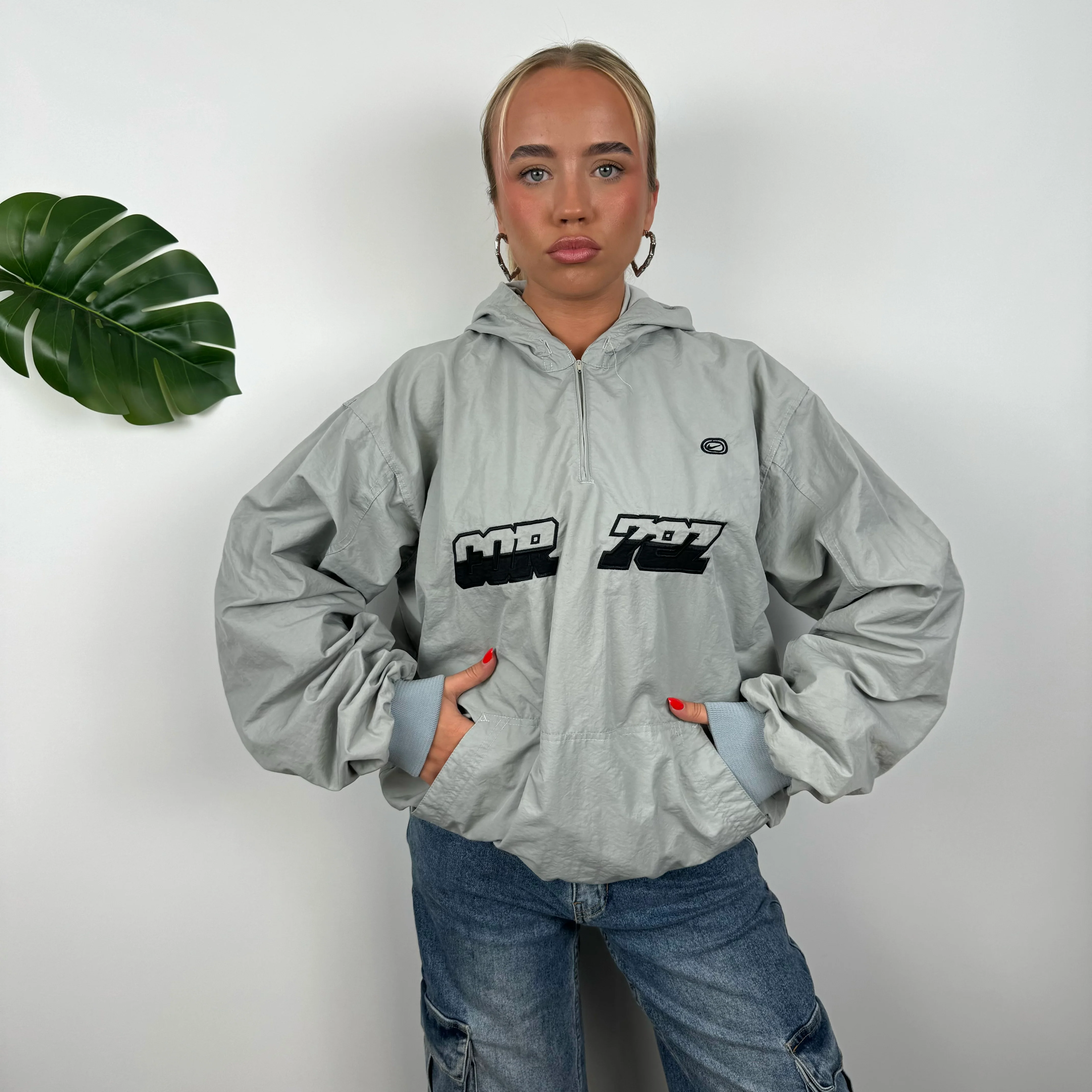Nike Cortez Grey Embroidered Spell Out Quarter Zip Pullover Windbreaker Jacket (XL) - Image 6