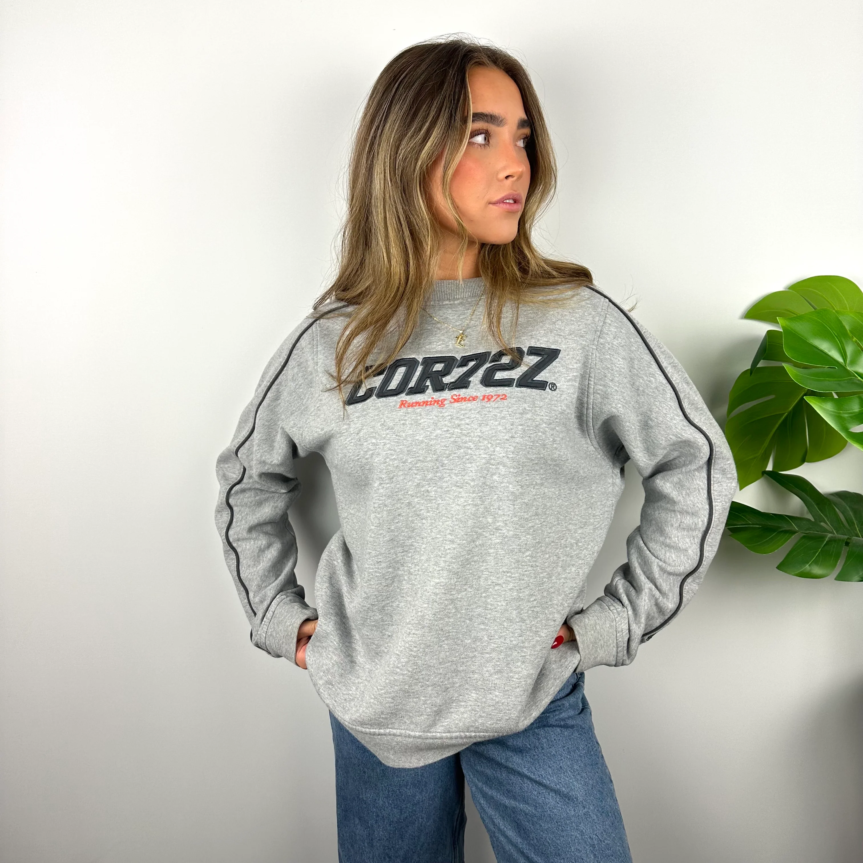 Nike Cortez Grey Embroidered Spell Out Sweatshirt (S) - Image 5