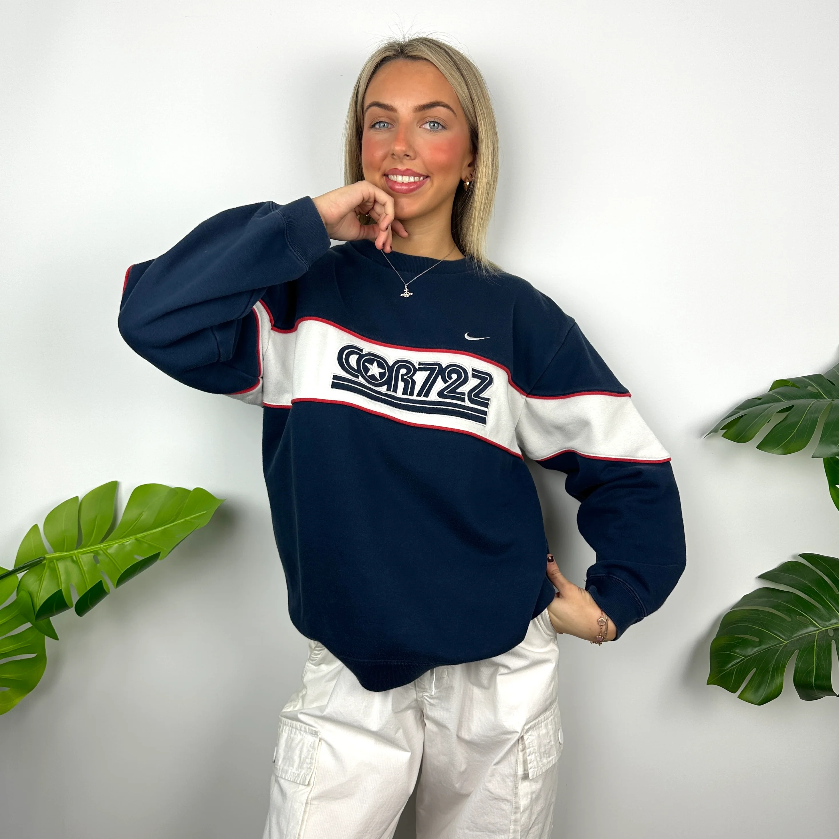 Nike Cortez Navy Embroidered Spell Out Sweatshirt (M) - Image 2