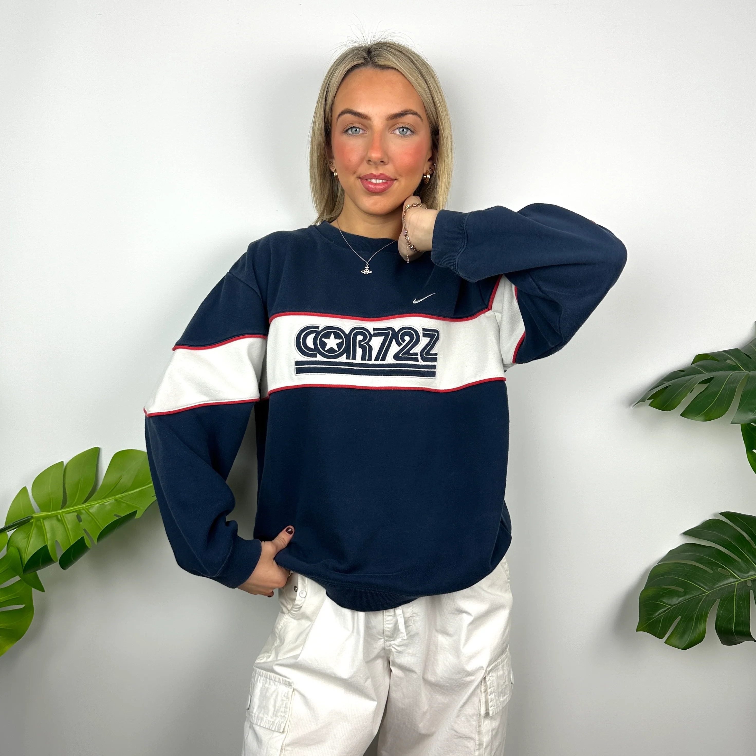 Nike Cortez Navy Embroidered Spell Out Sweatshirt (M) - Image 3