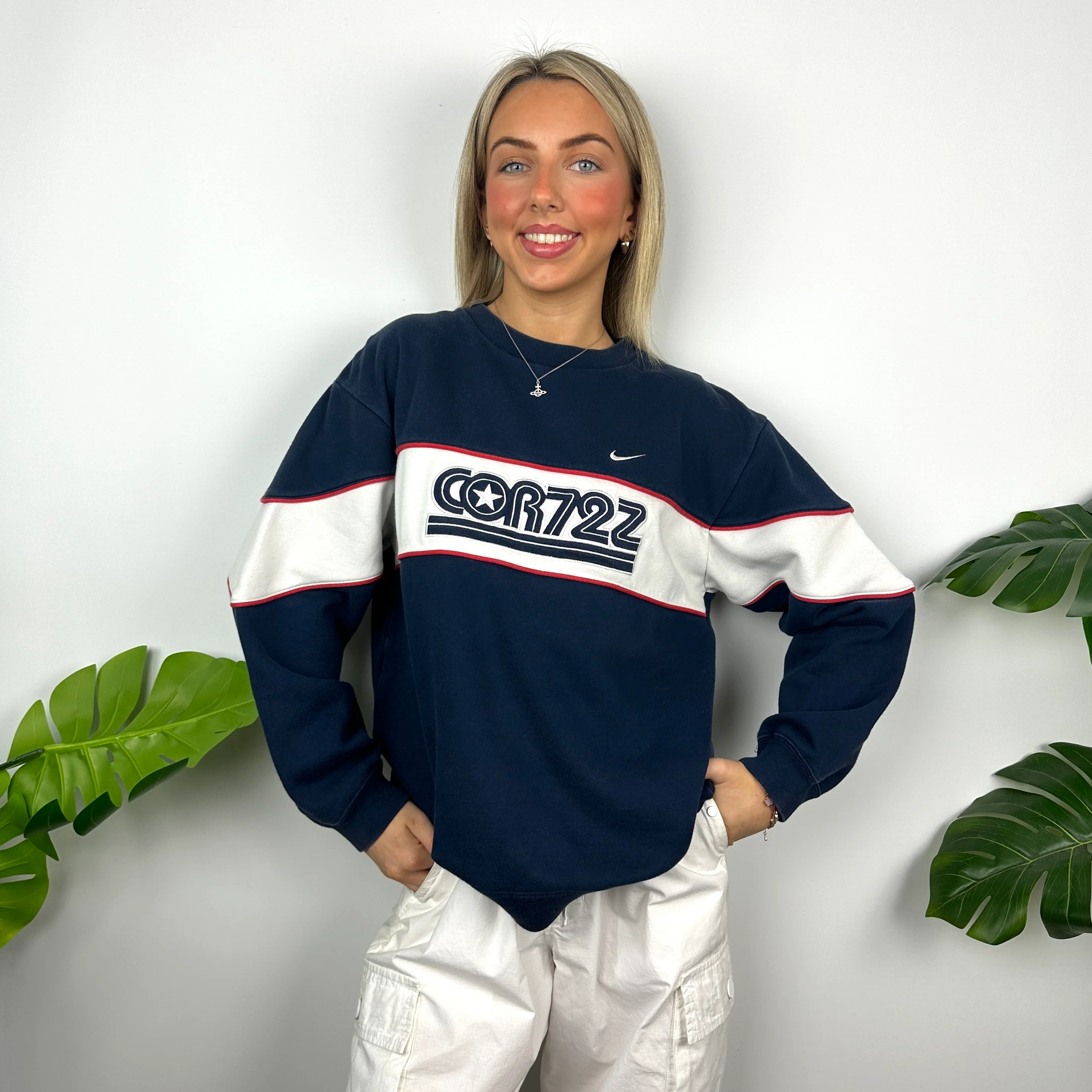 Nike Cortez Navy Embroidered Spell Out Sweatshirt (M) - Image 5