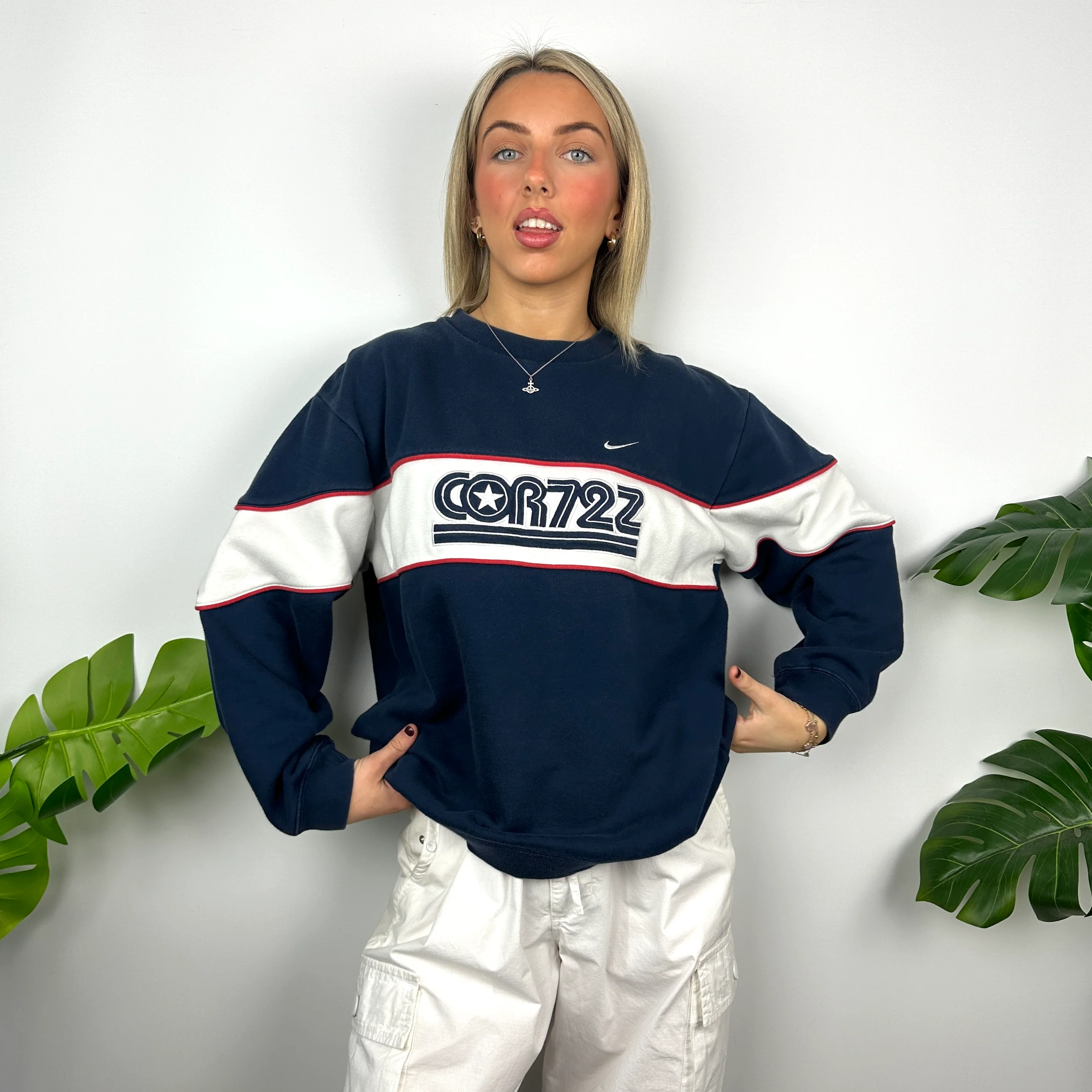 Nike Cortez Navy Embroidered Spell Out Sweatshirt (M) - Image 6