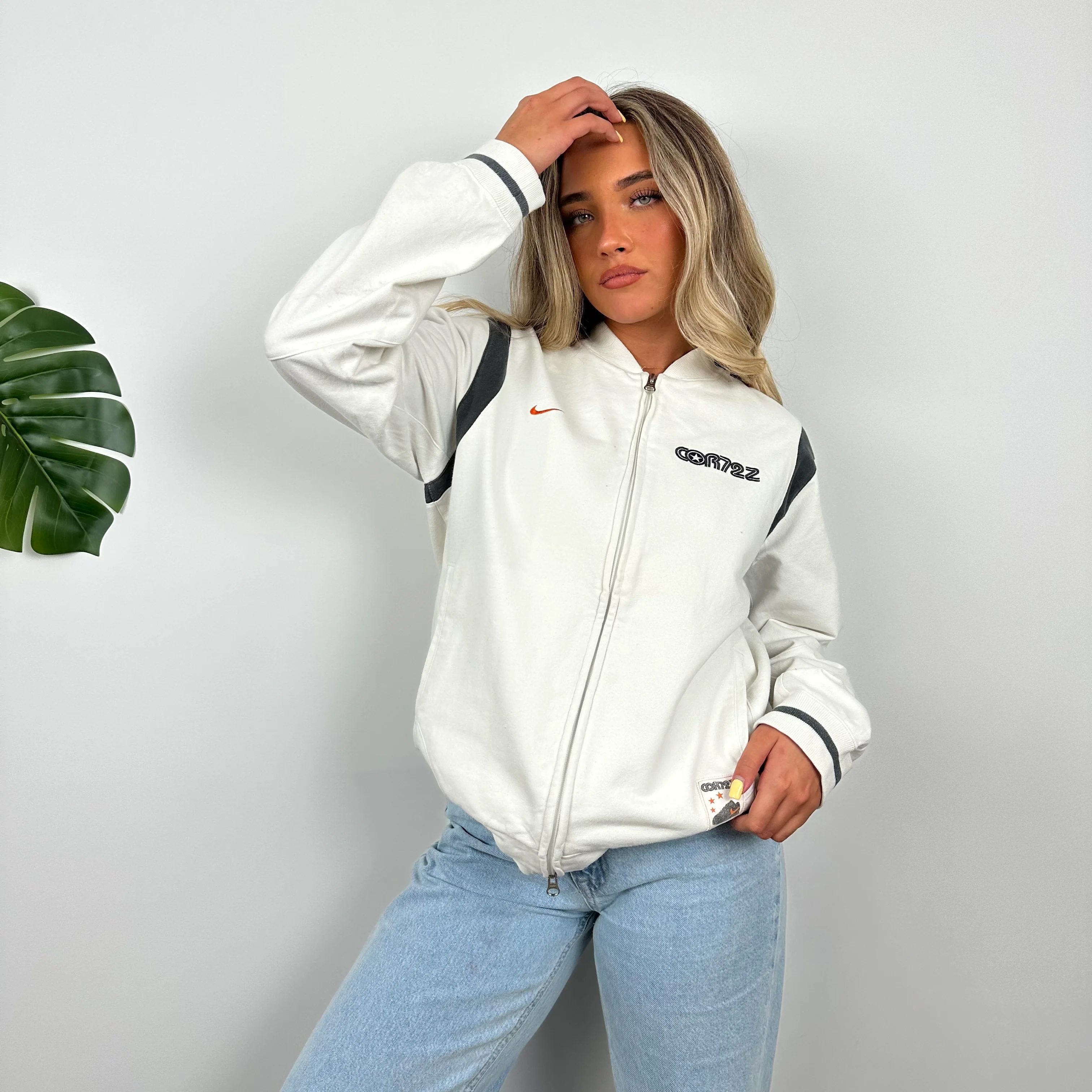 Nike Cortez RARE White Embroidered Spell Out Zip Up Hoodie Jacket (M) - Image 3