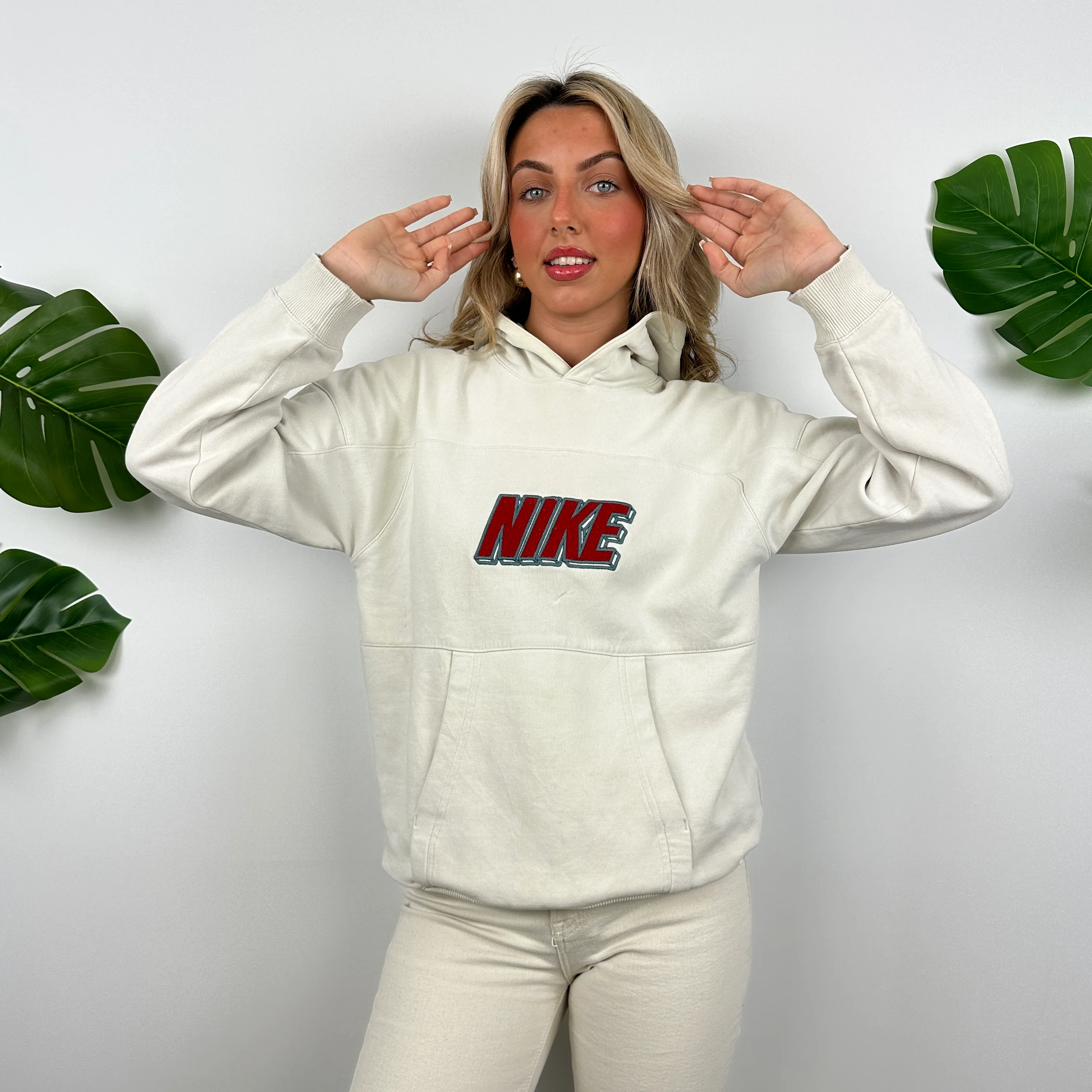 Nike Cream Embroidered Spell Out Hoodie (M) - Image 4