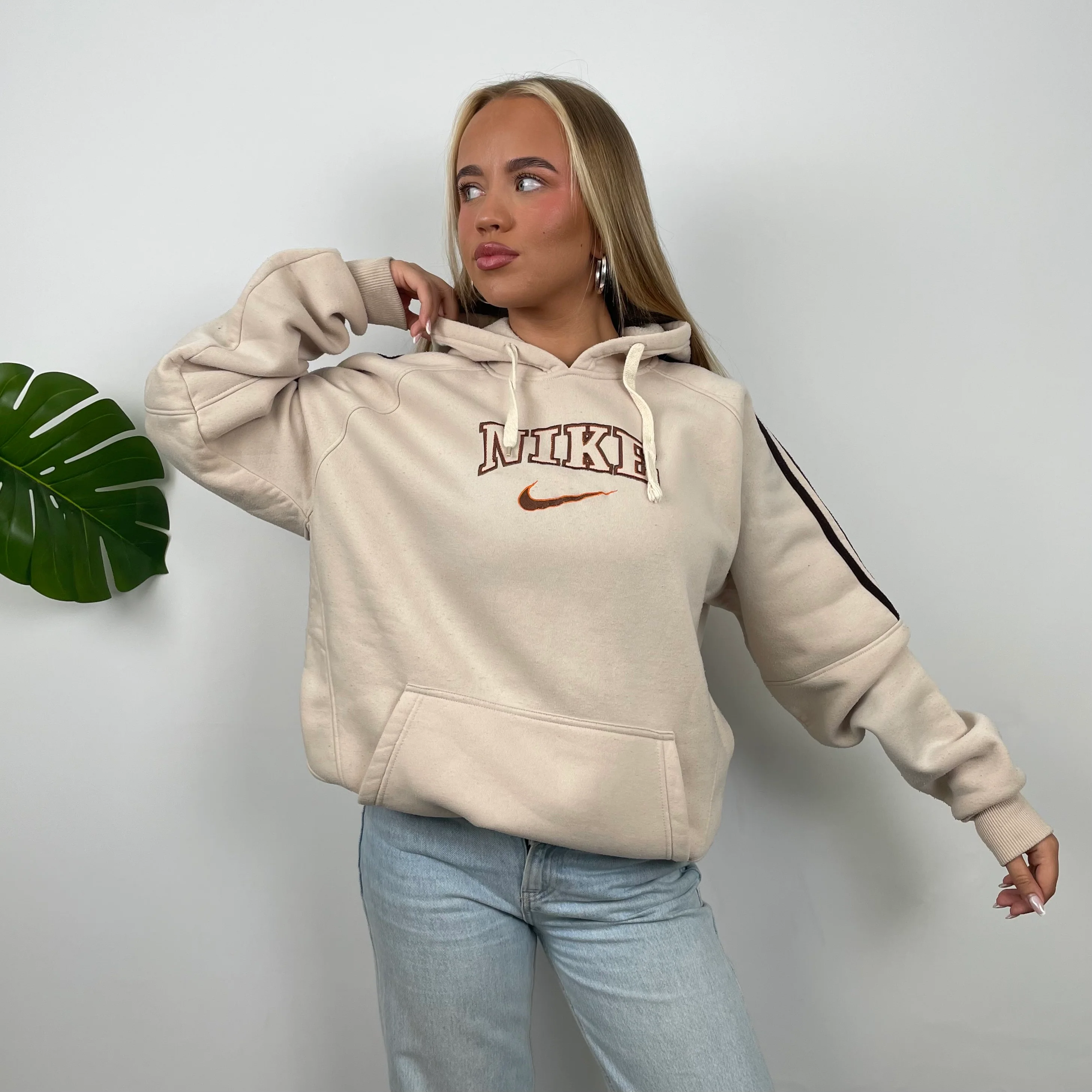 Nike Cream Embroidered Spell Out Hoodie (L) - Image 2