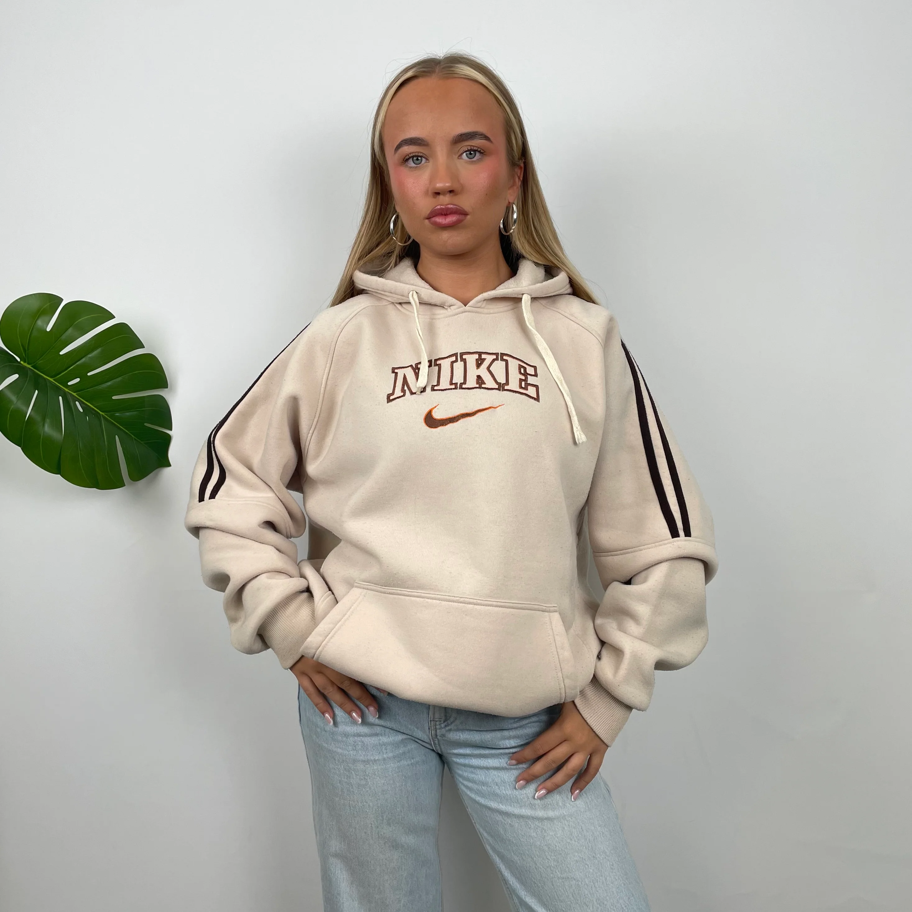 Nike Cream Embroidered Spell Out Hoodie (L) - Image 3