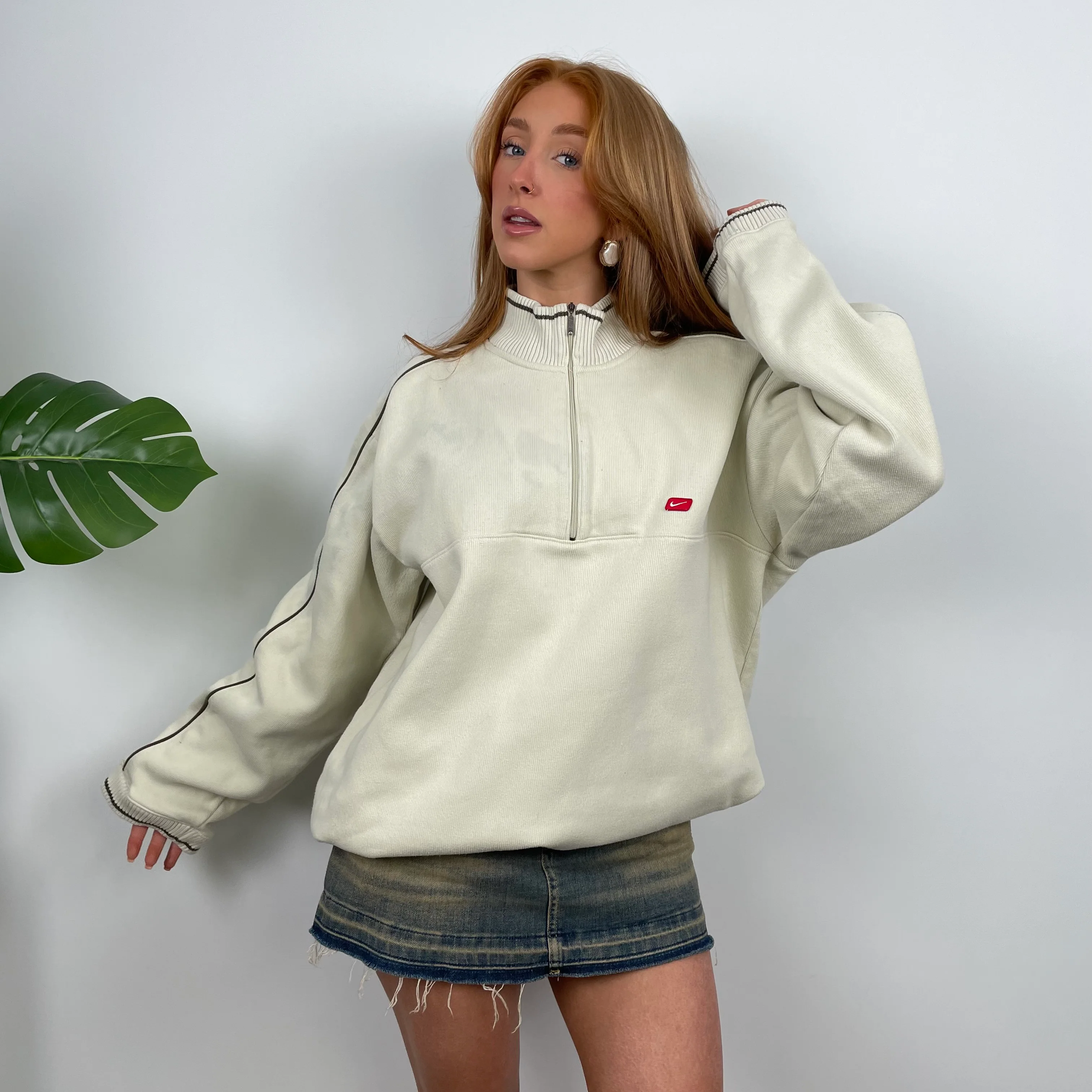 Nike Cream Embroidered Spell Out Quarter Zip Sweatshirt (L) - Image 2