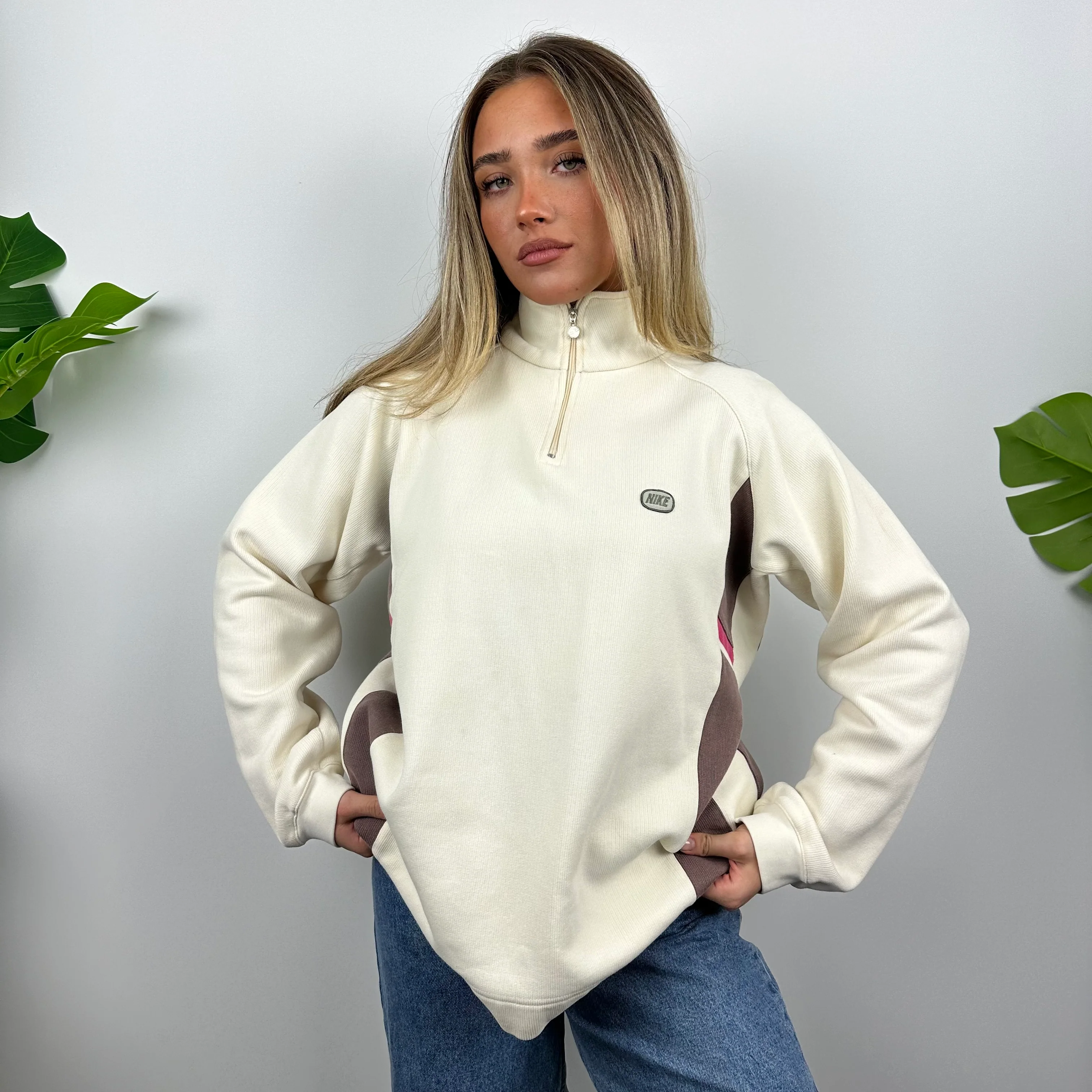 Nike Cream Embroidered Spell Out Quarter Zip Sweatshirt (M) - Image 9