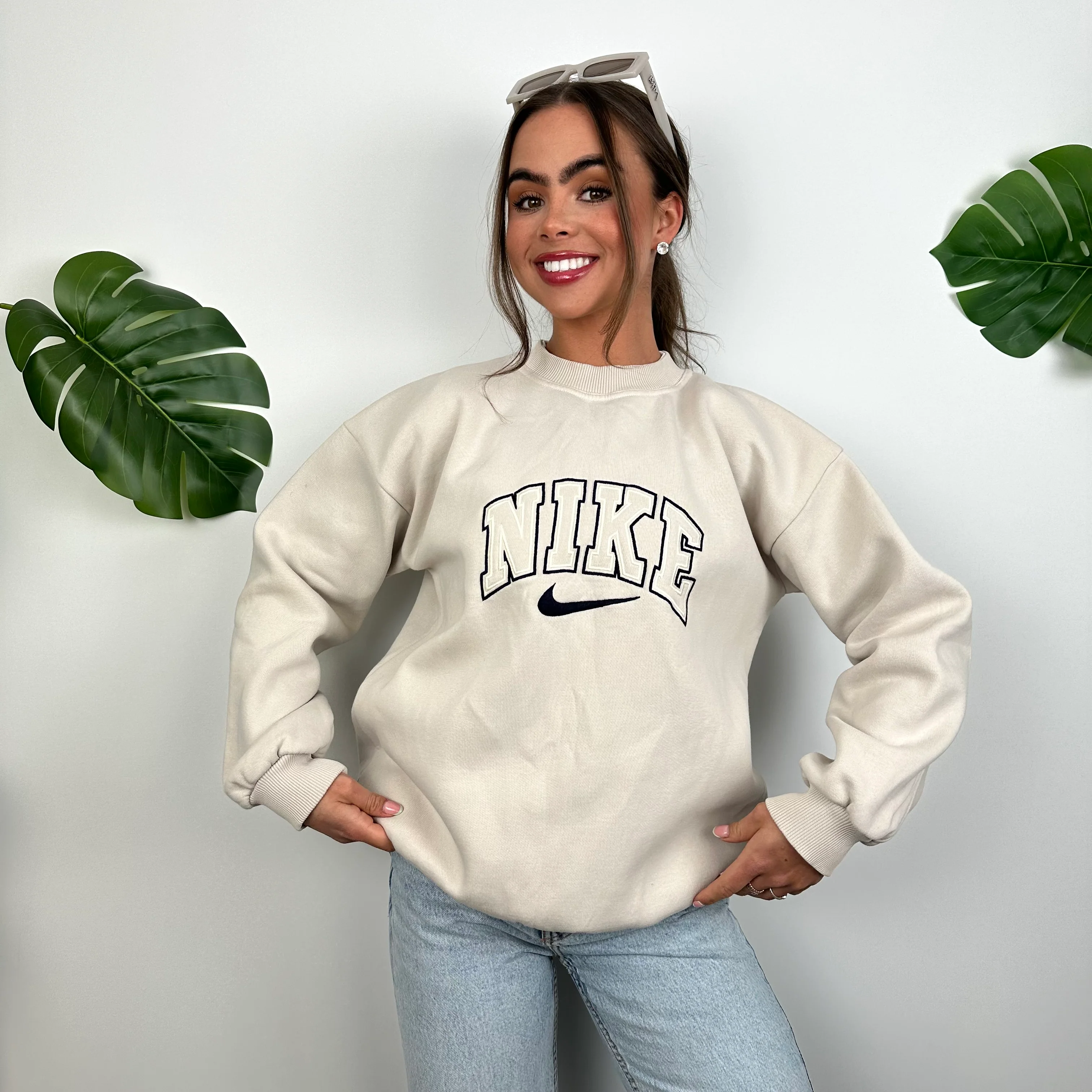 Nike Cream Embroidered Spell Out Sweatshirt (S) - Image 2