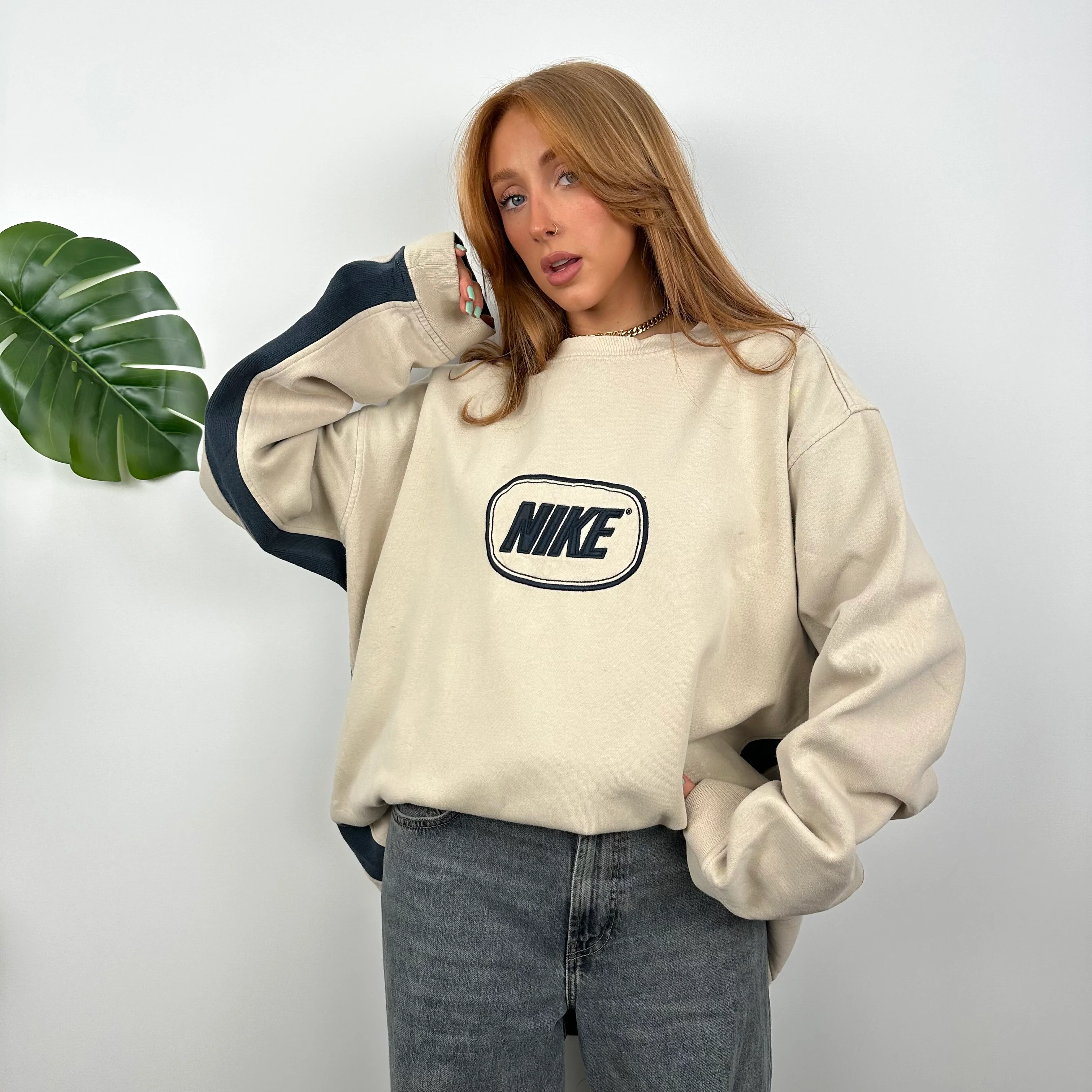 Nike Cream Embroidered Spell Out Sweatshirt (XXL) - Image 3