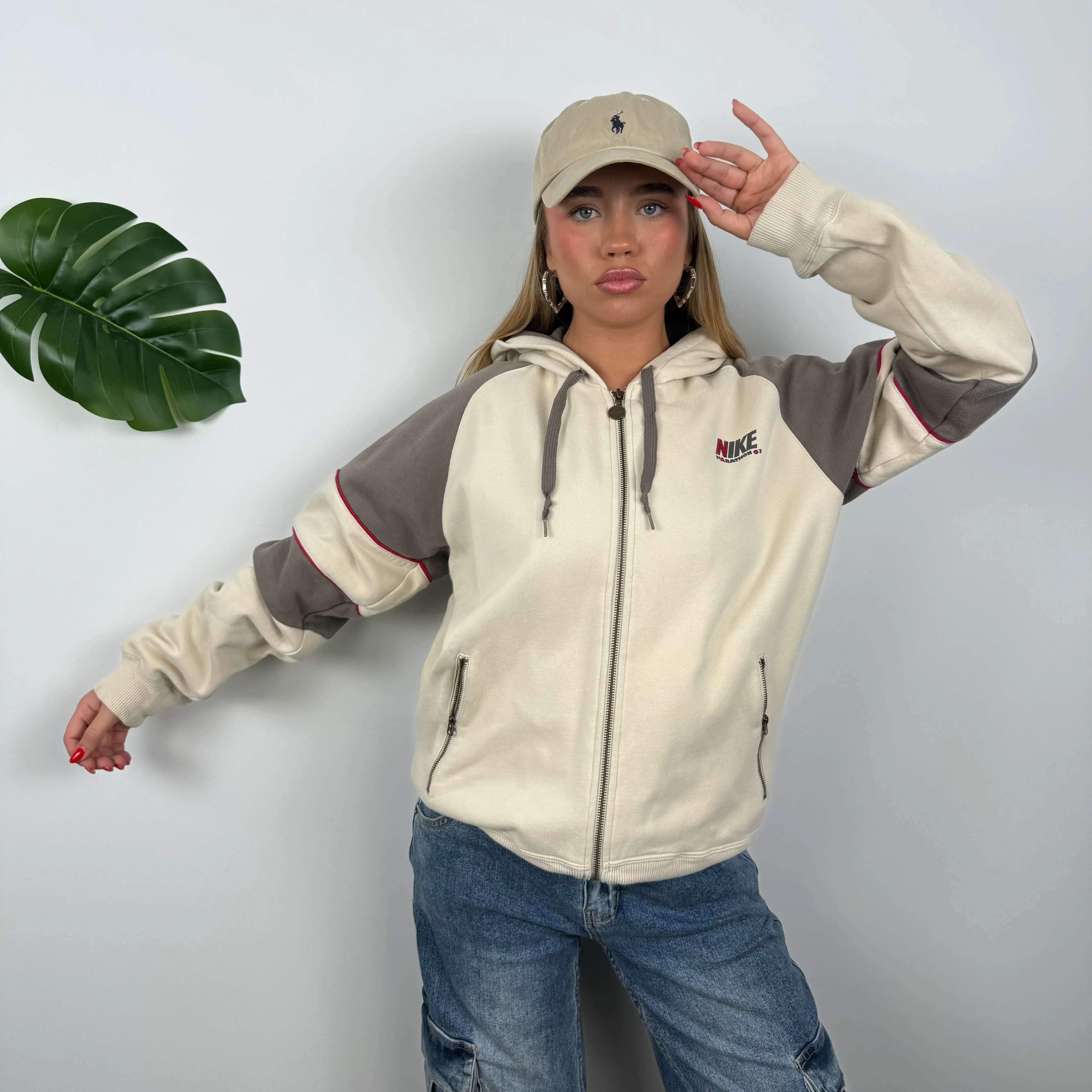 Nike Cream Embroidered Spell Out Zip Up Hoodie (M) - Image 2