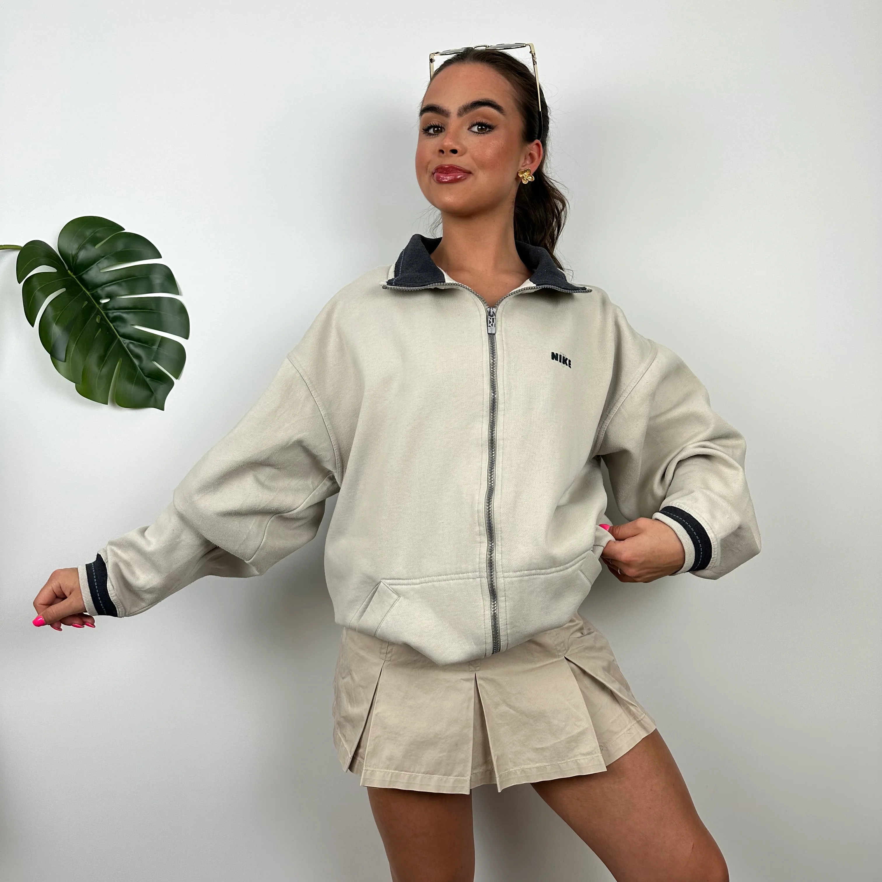 Nike Cream Embroidered Spell Out Zip Up Track Jacket (M) - Image 2
