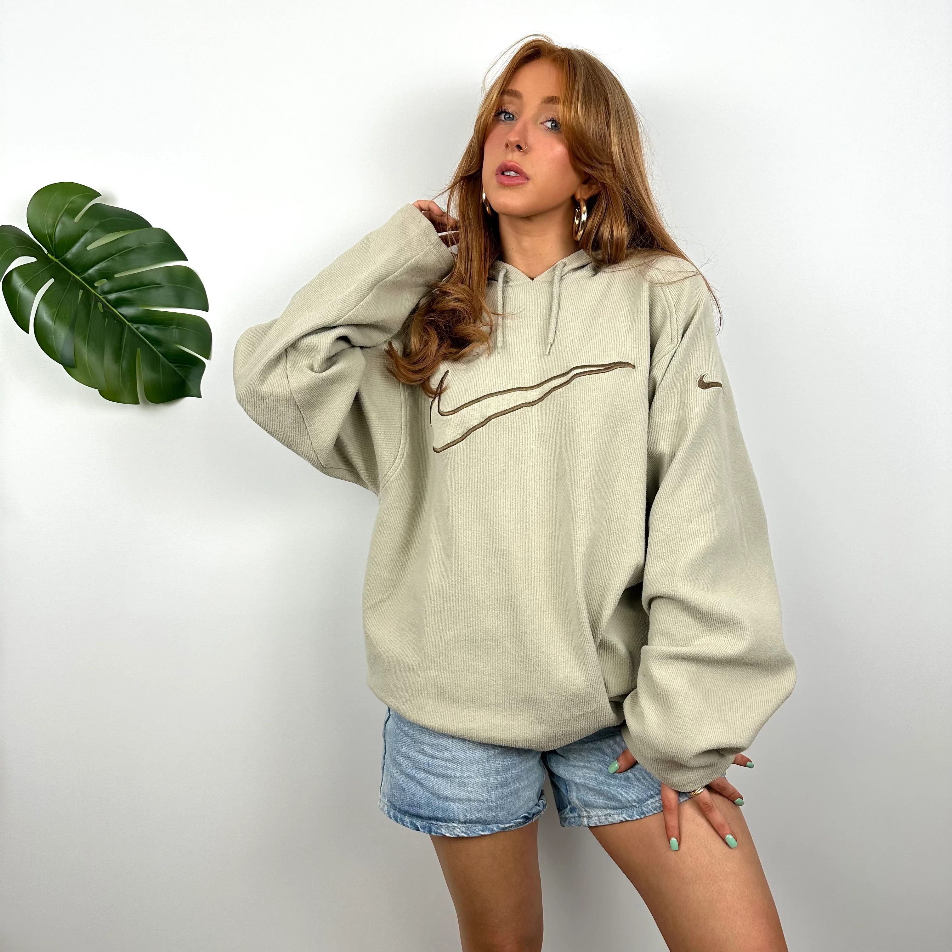 Nike Cream Embroidered Swoosh Hoodie (L) - Image 2