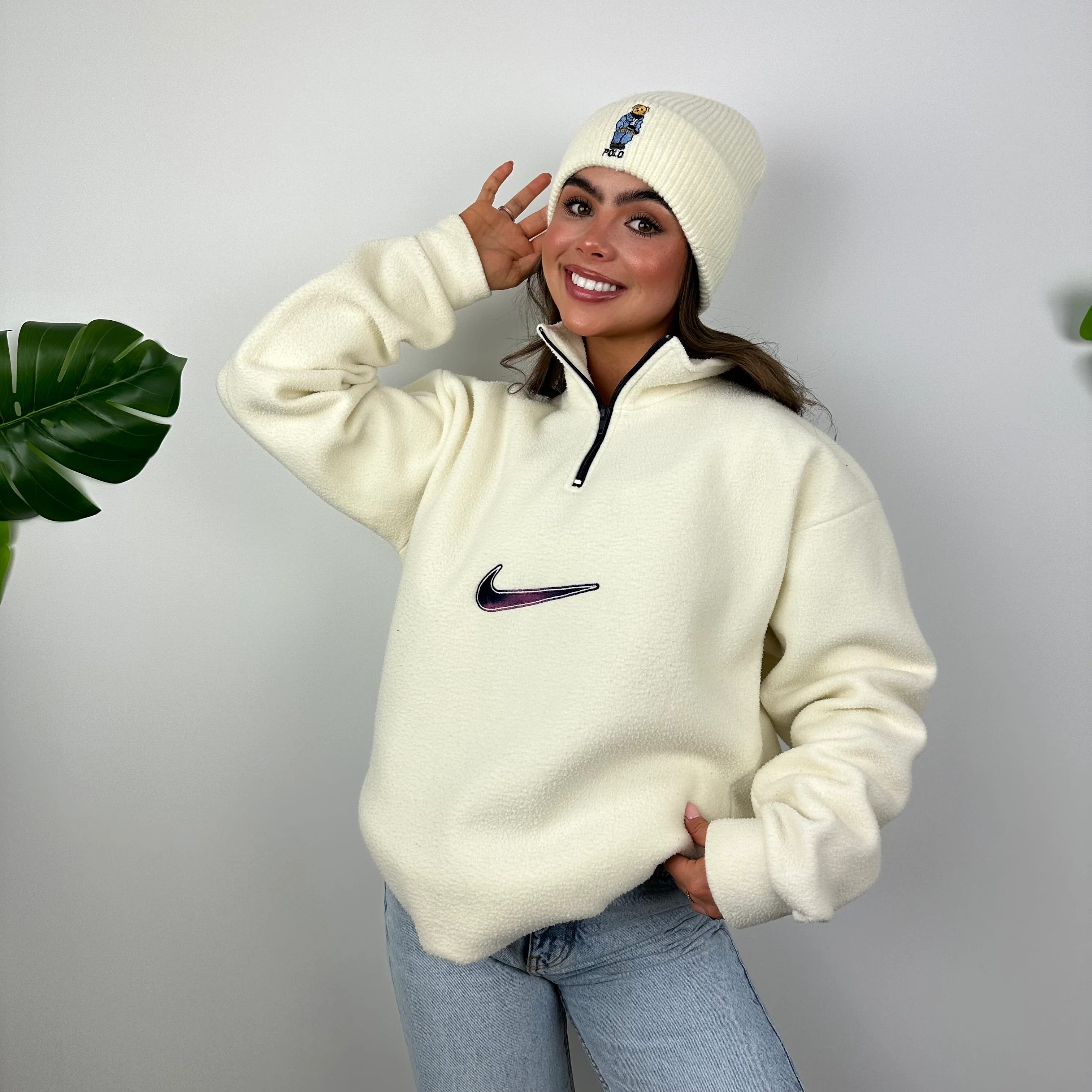 Nike Cream Embroidered Swoosh Teddy Bear Fleece Quarter Zip Sweatshirt (L) - Image 2