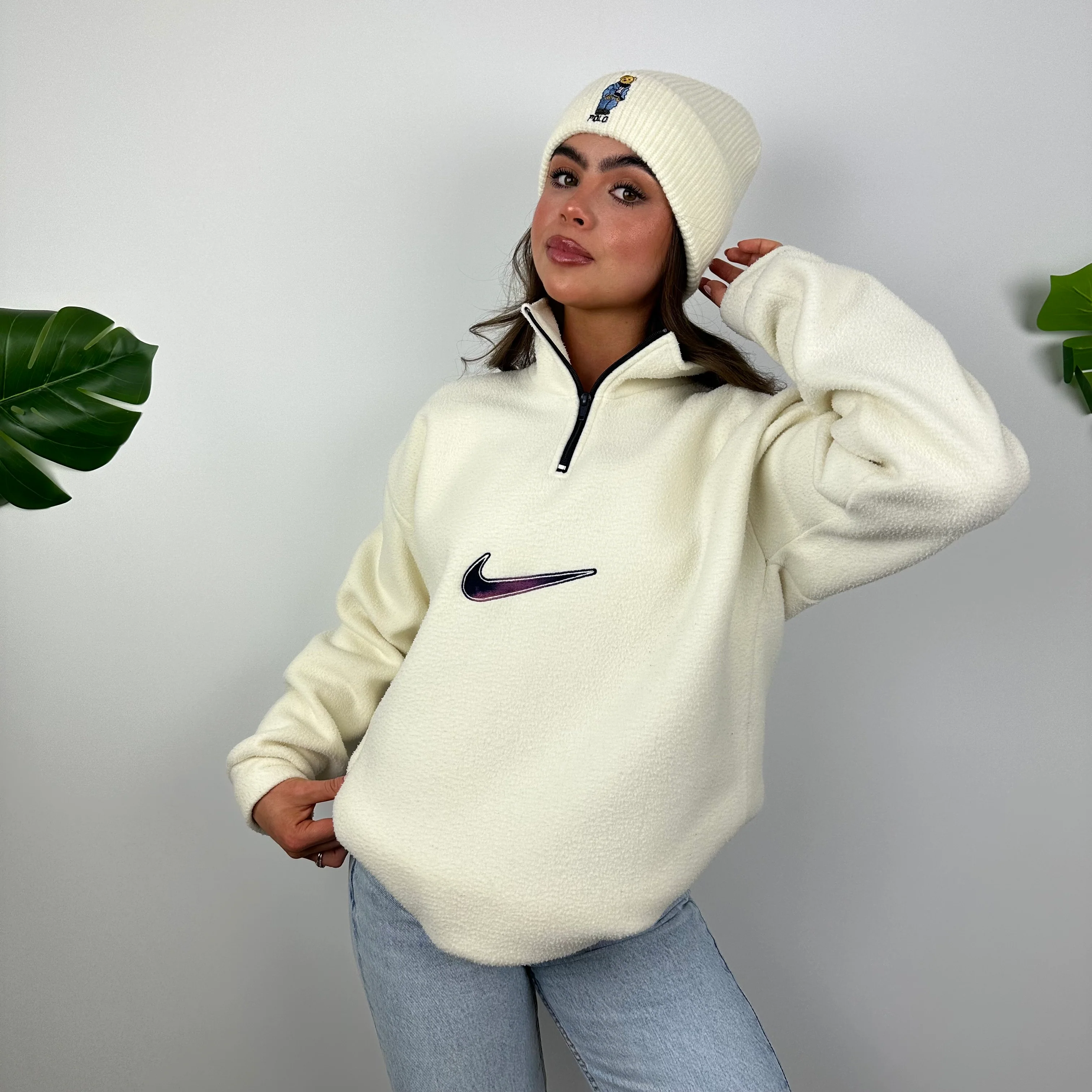 Nike Cream Embroidered Swoosh Teddy Bear Fleece Quarter Zip Sweatshirt (L) - Image 3