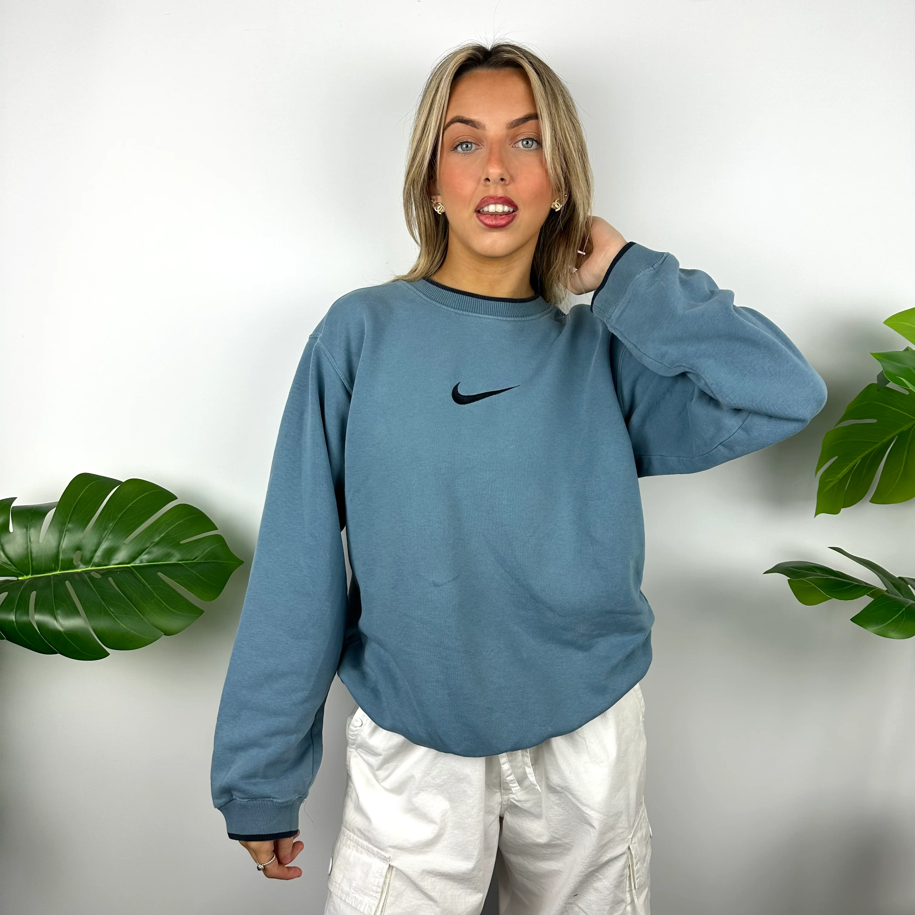 Nike Dusty Blue Embroidered Swoosh Sweatshirt (S) - Image 5