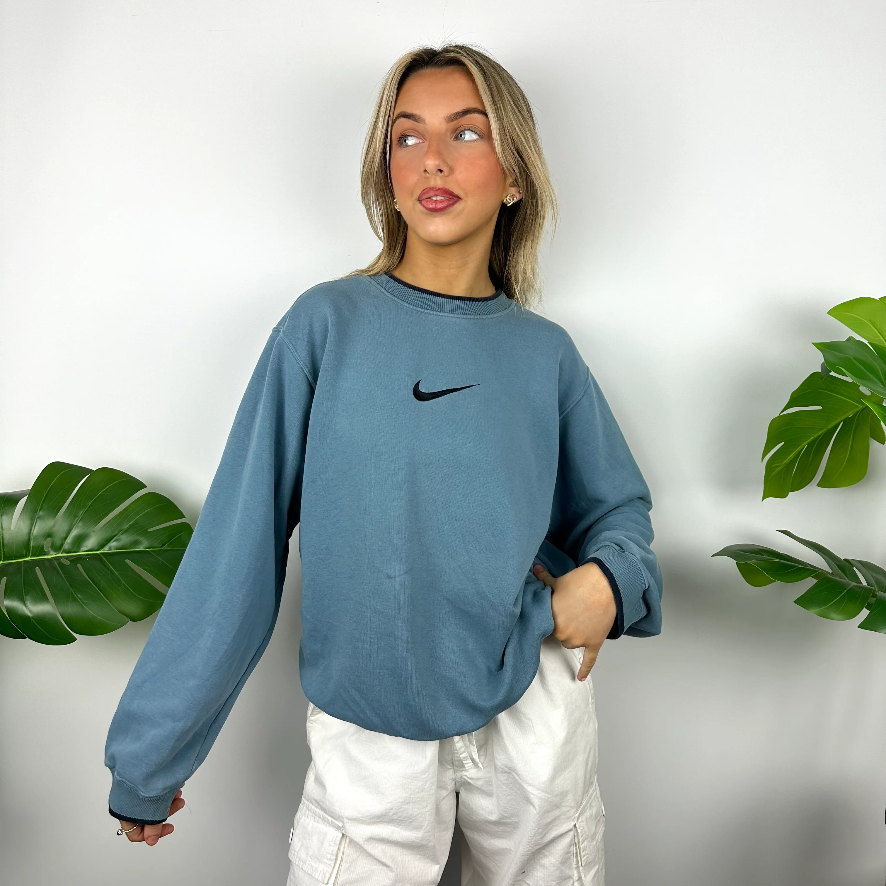 Nike Dusty Blue Embroidered Swoosh Sweatshirt (S) - Image 6
