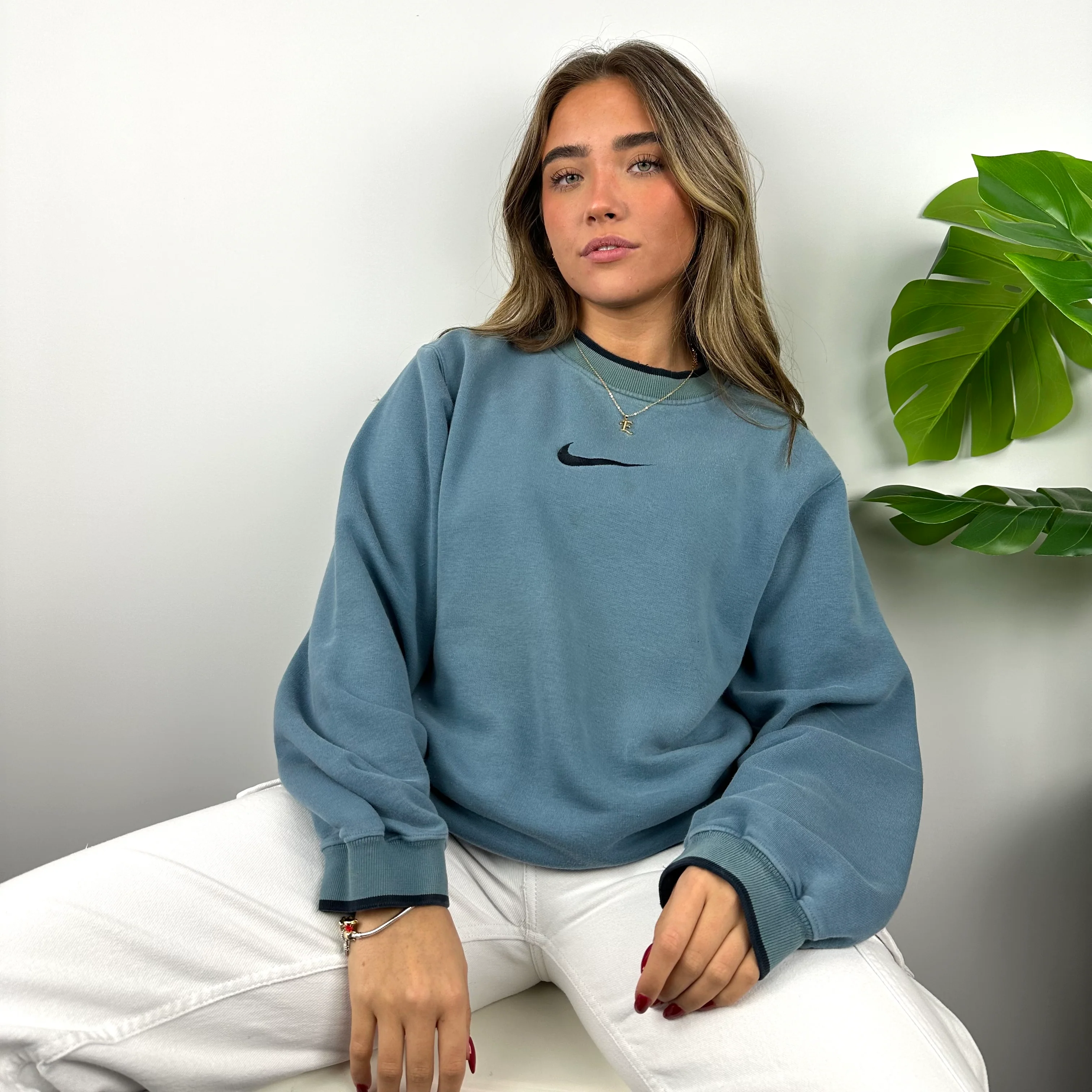 Nike Dusty Blue Embroidered Swoosh Sweatshirt (M) - Image 2