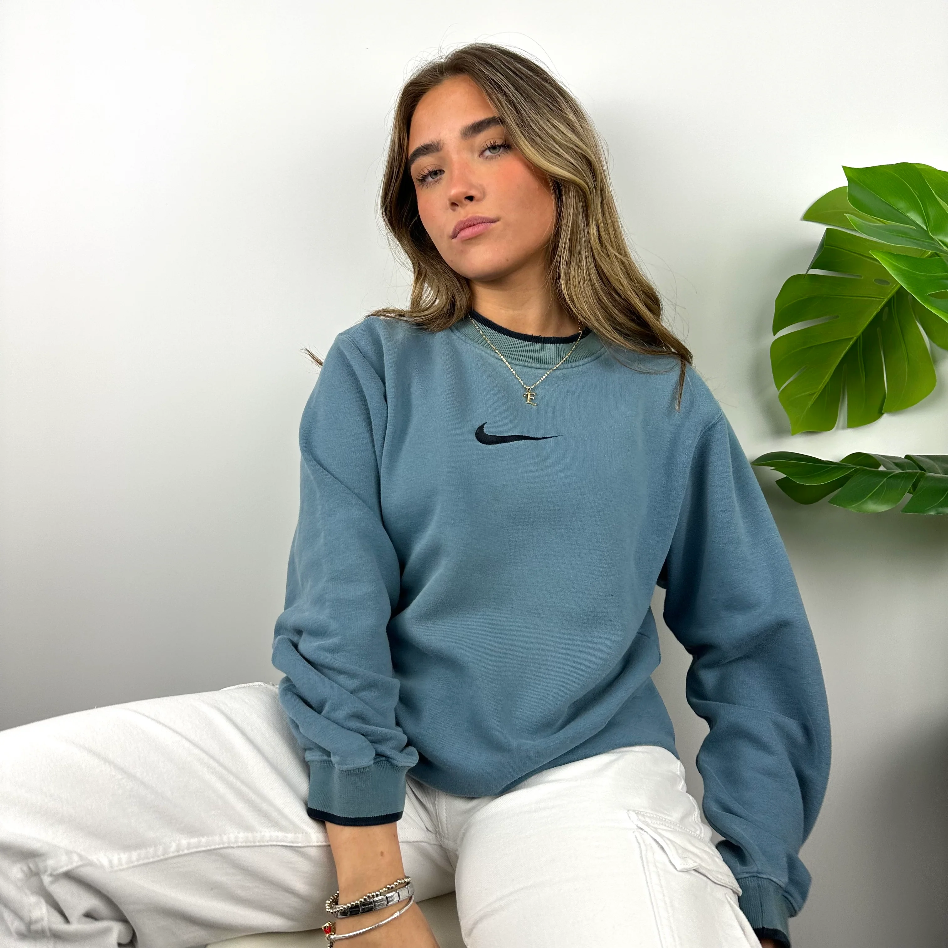 Nike Dusty Blue Embroidered Swoosh Sweatshirt (M) - Image 6