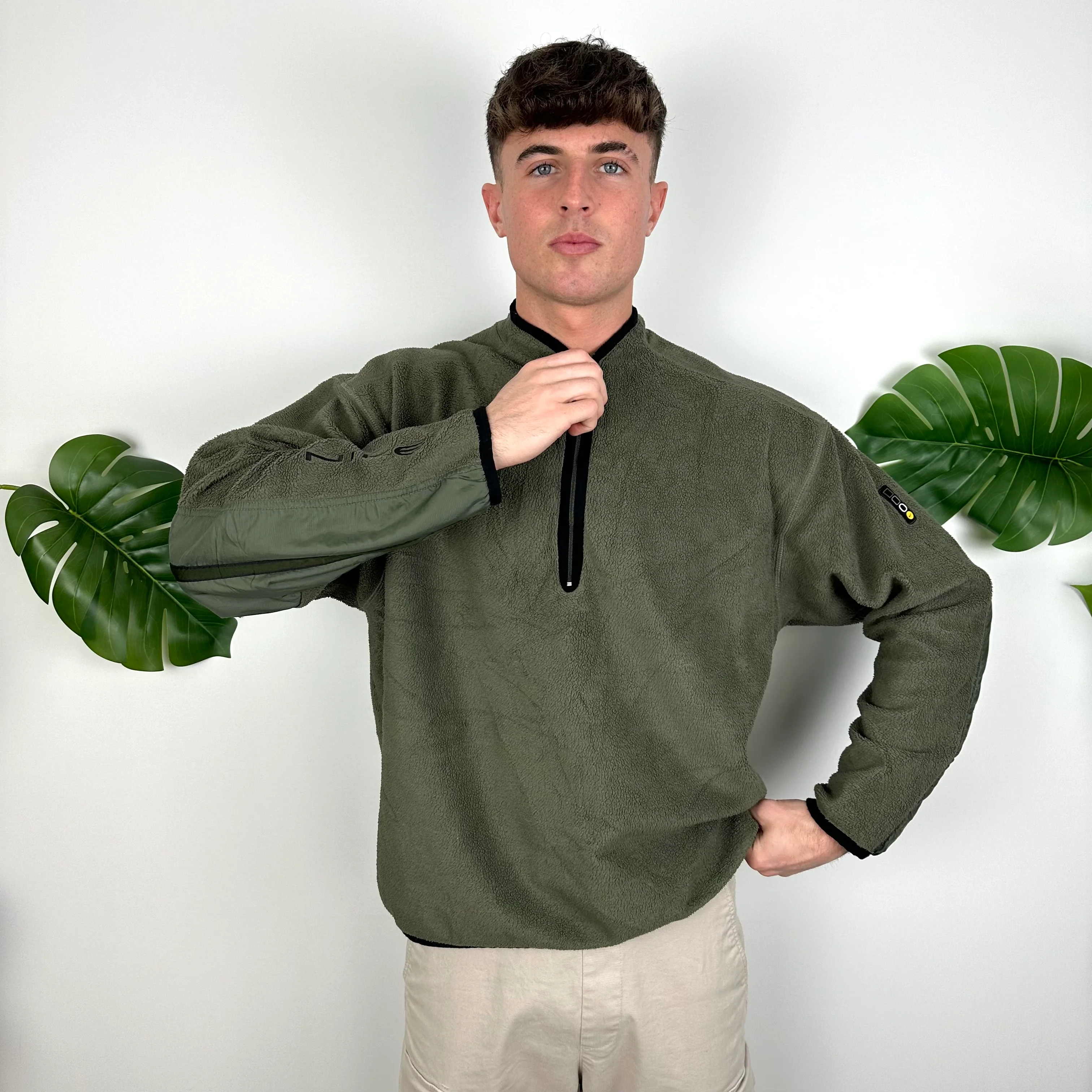 Nike Green Embroidered Spell Out Teddy Bear Fleece Quarter Zip Sweatshirt (L) - Image 2