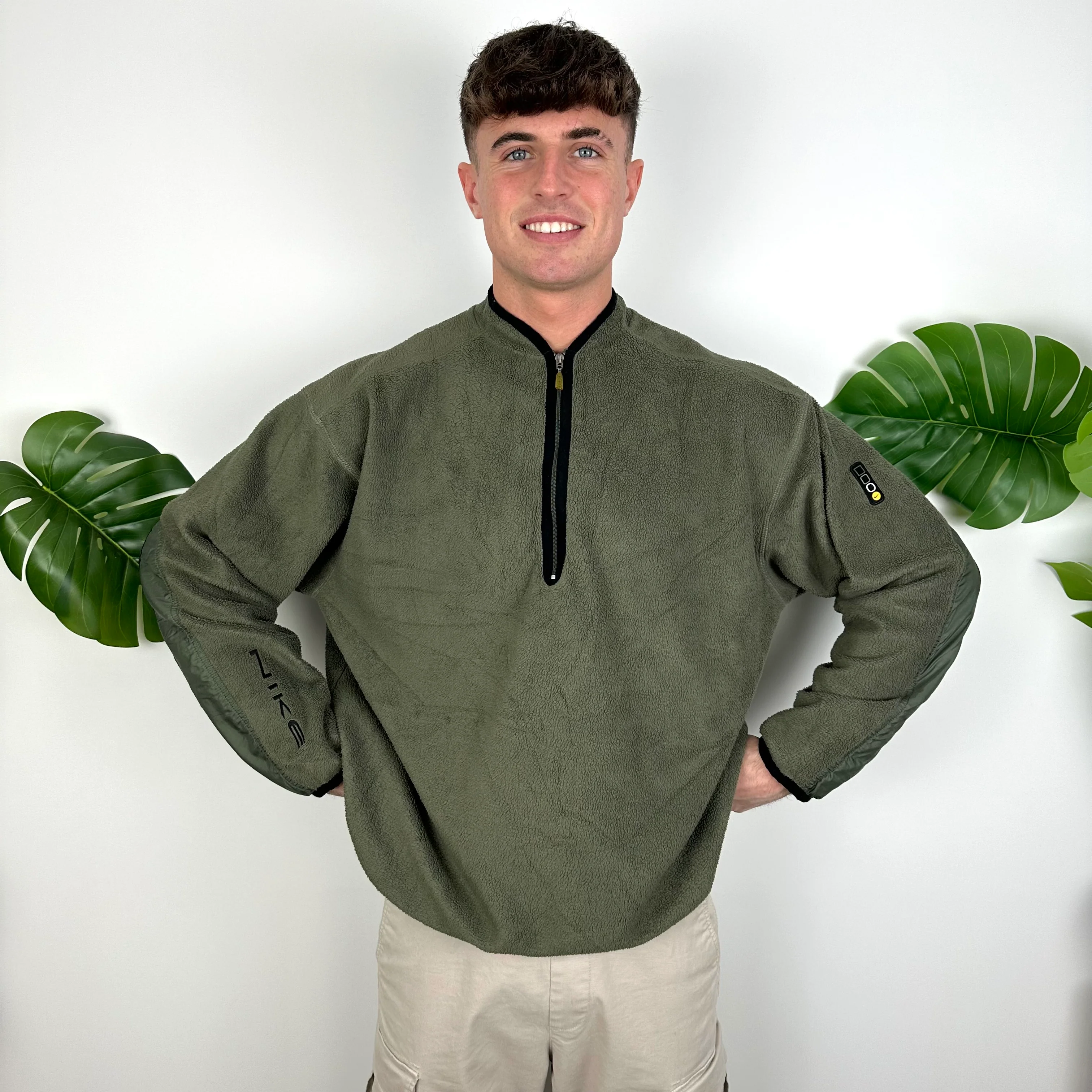 Nike Green Embroidered Spell Out Teddy Bear Fleece Quarter Zip Sweatshirt (L) - Image 5