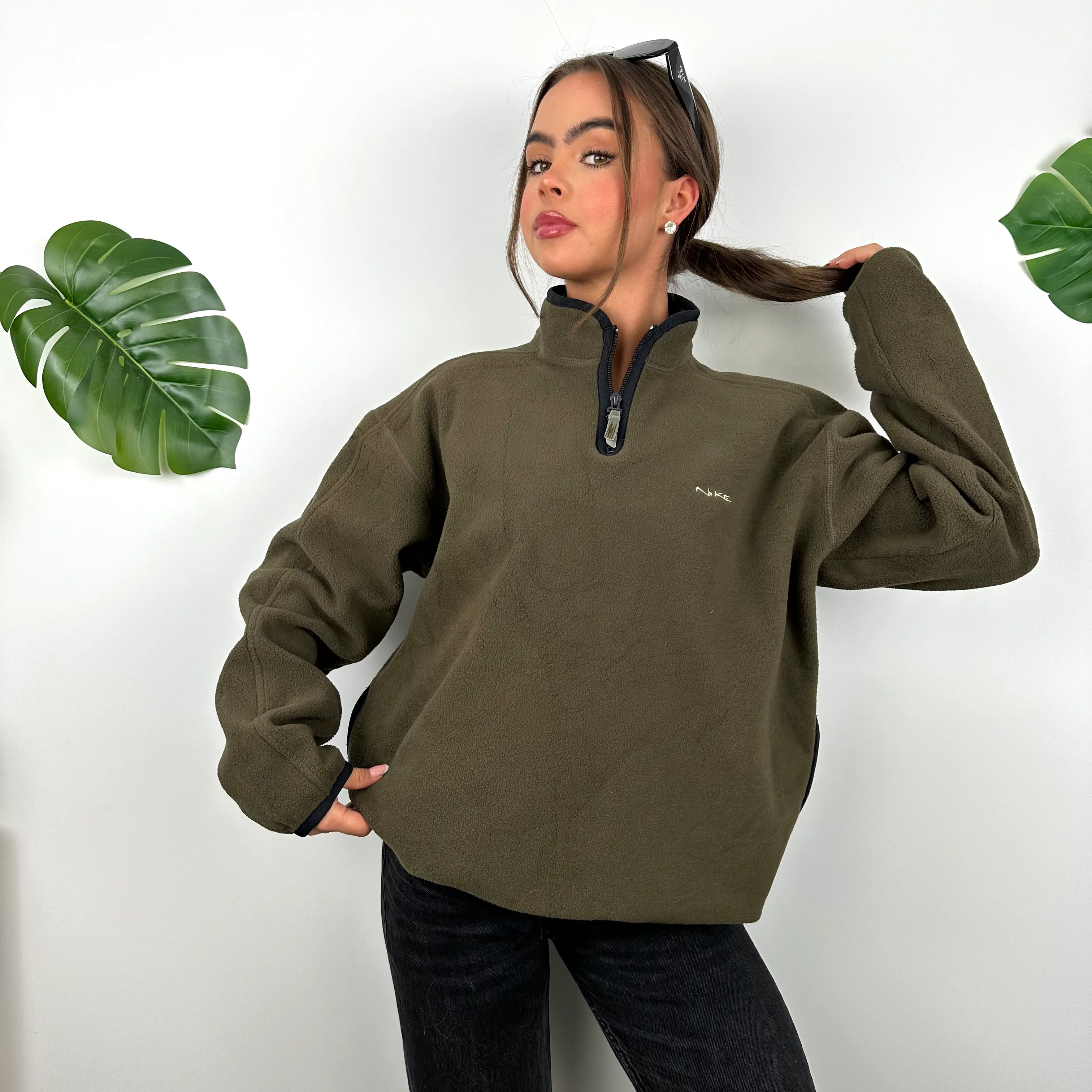 Nike Green Embroidered Spell Out Teddy Bear Fleece Quarter Zip Sweatshirt (M) - Image 3