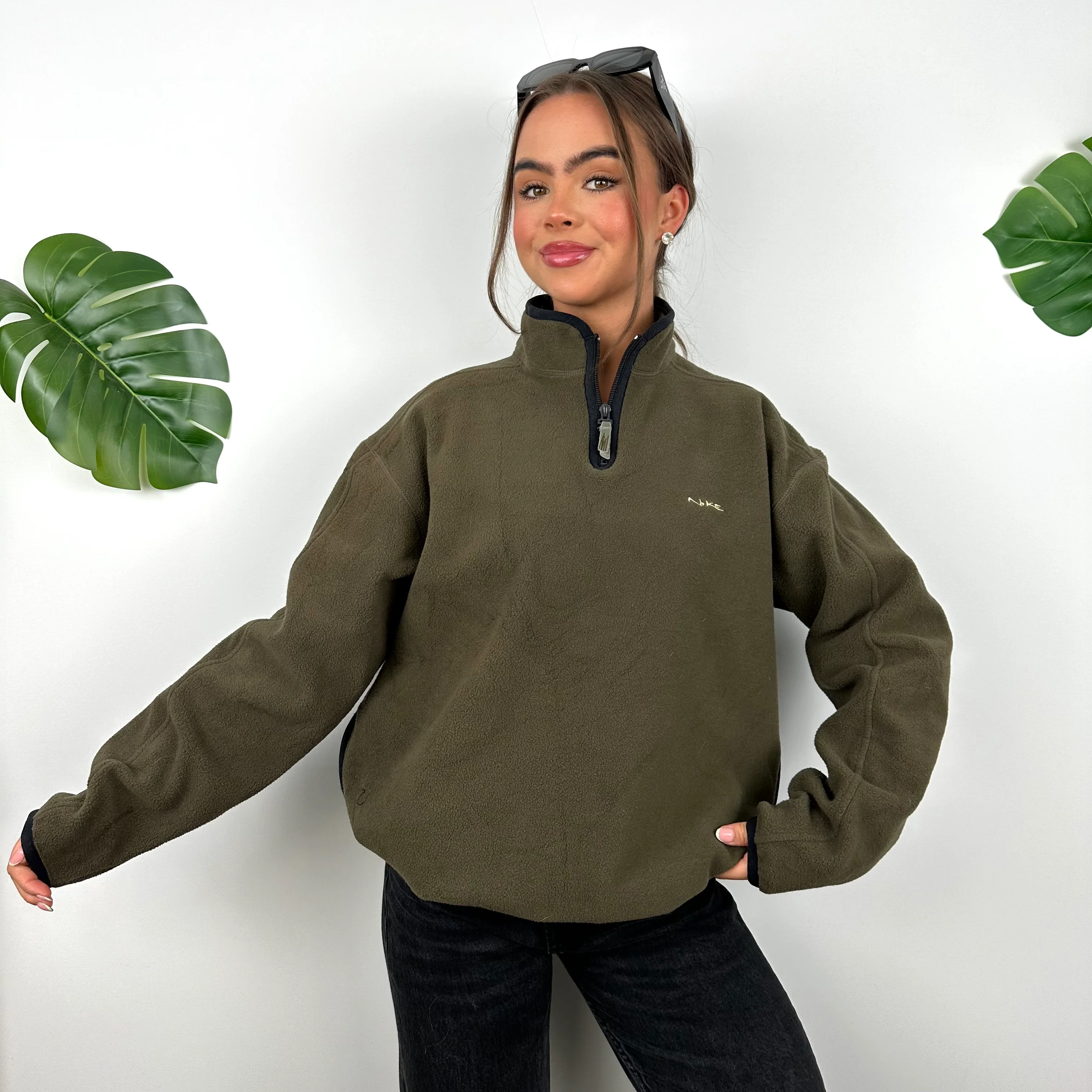 Nike Green Embroidered Spell Out Teddy Bear Fleece Quarter Zip Sweatshirt (M) - Image 4
