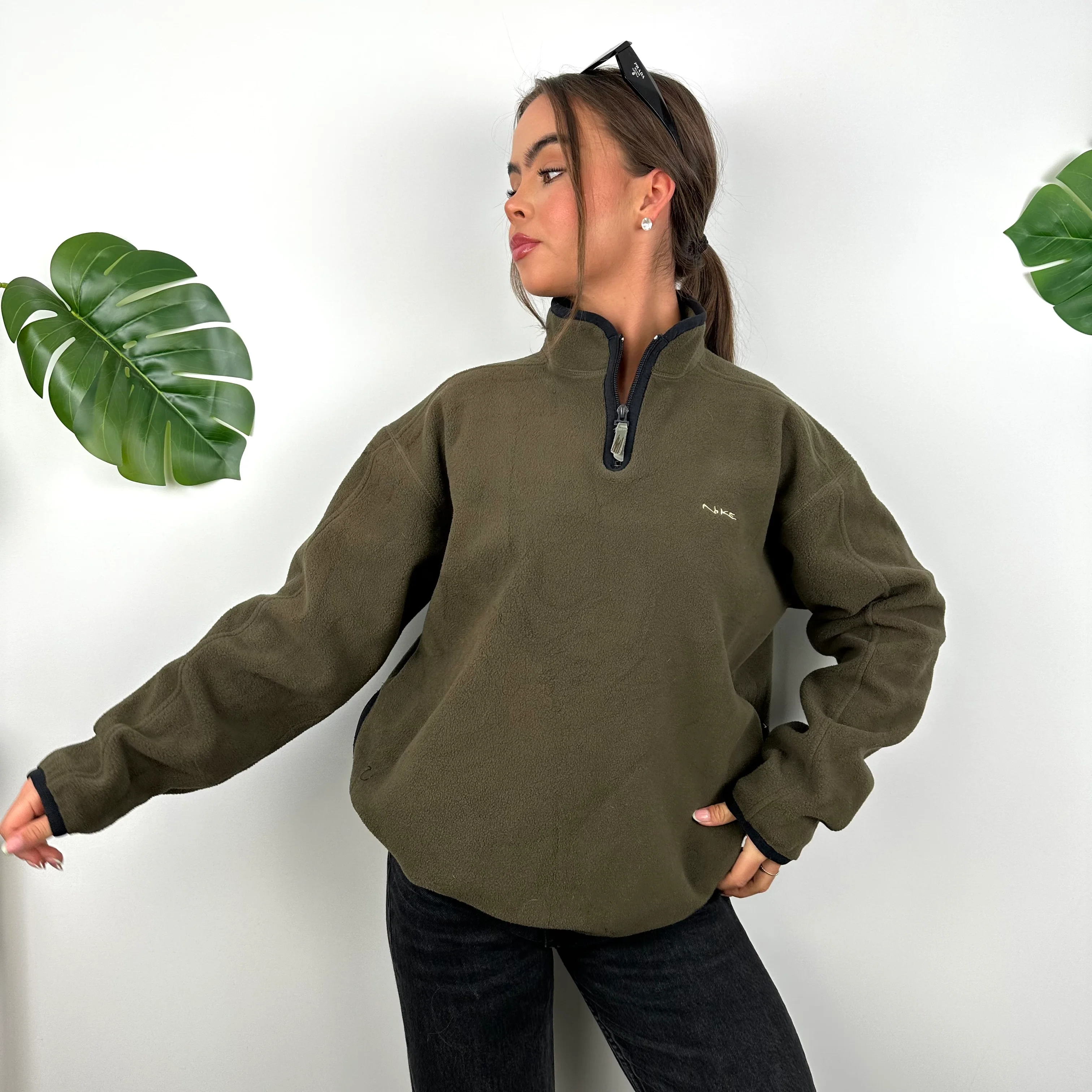 Nike Green Embroidered Spell Out Teddy Bear Fleece Quarter Zip Sweatshirt (M) - Image 7