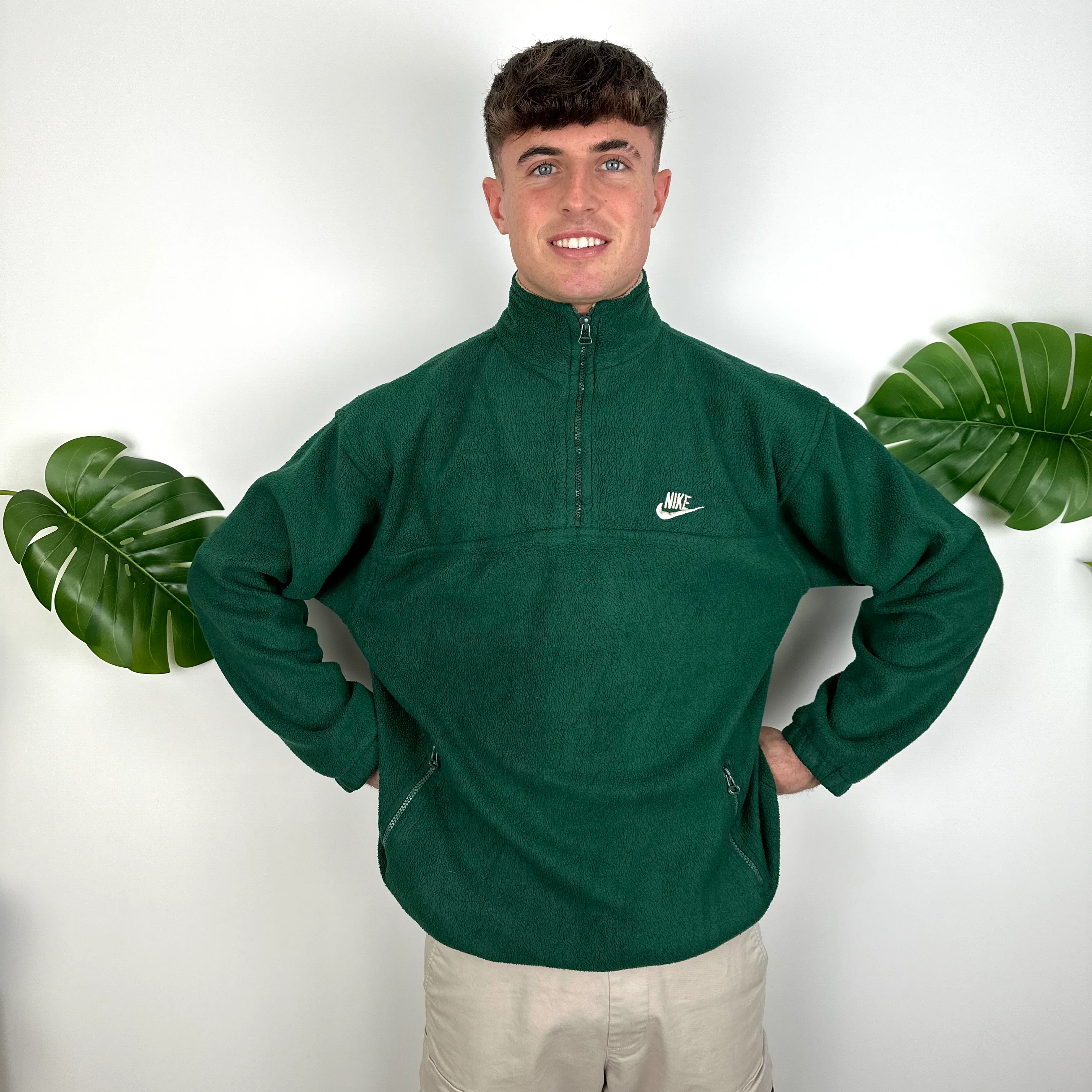 Nike Green Embroidered Spell Out Teddy Bear Fleece Quarter Zip Sweatshirt (M) - Image 3