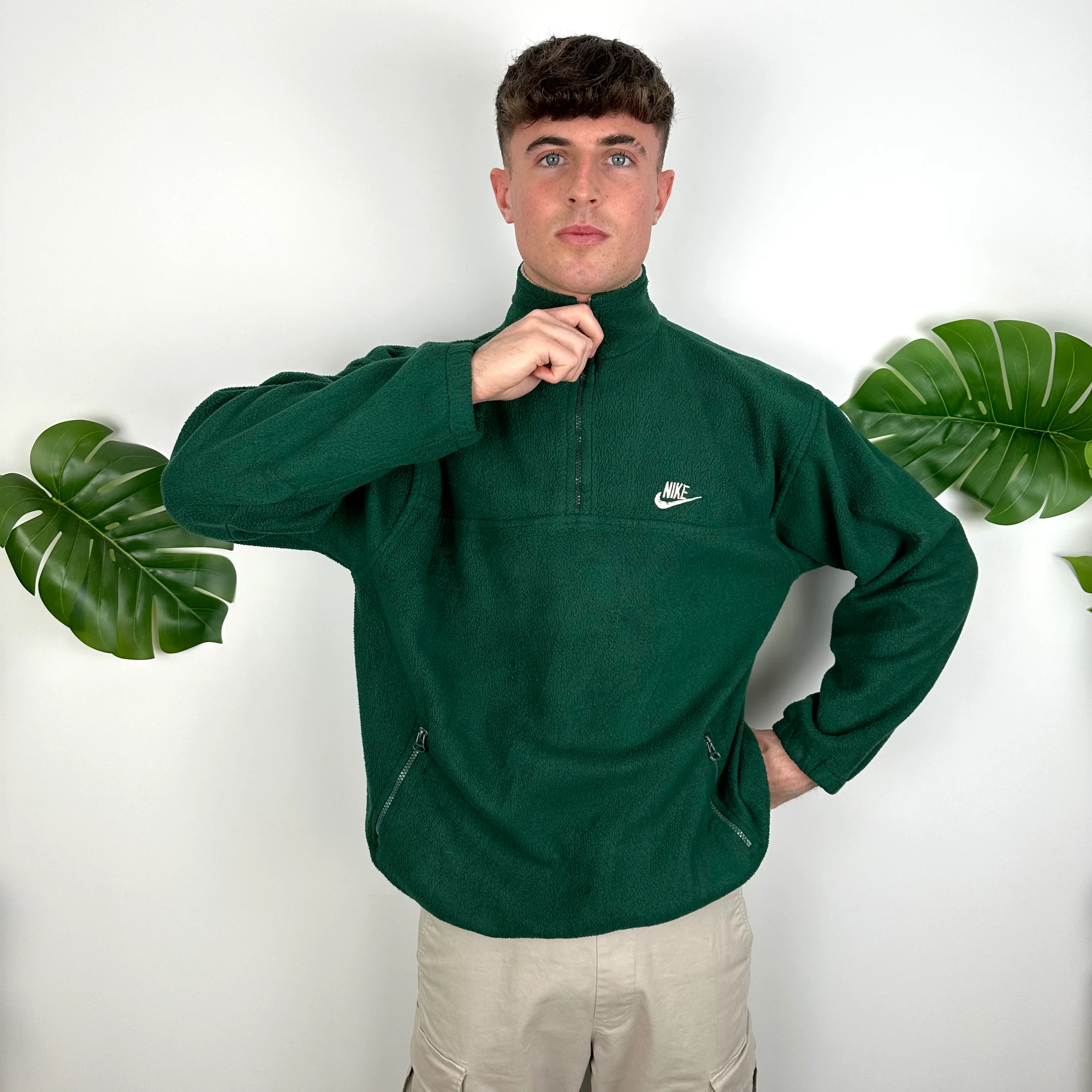 Nike Green Embroidered Spell Out Teddy Bear Fleece Quarter Zip Sweatshirt (M) - Image 5