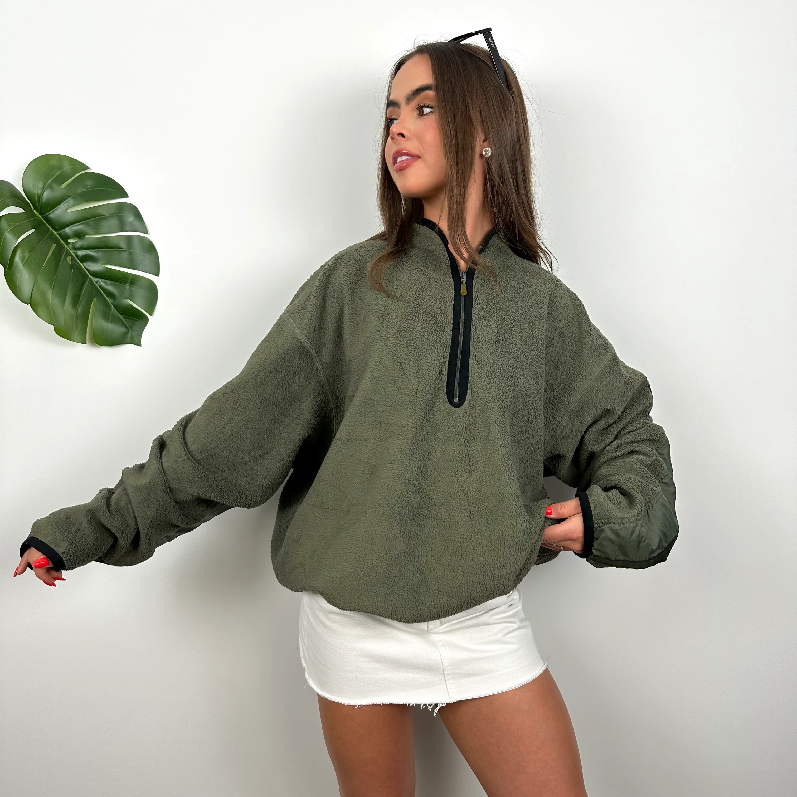 Nike Green Embroidered Spell Out Teddy Bear Fleece Quarter Zip Sweatshirt (L) - Image 5