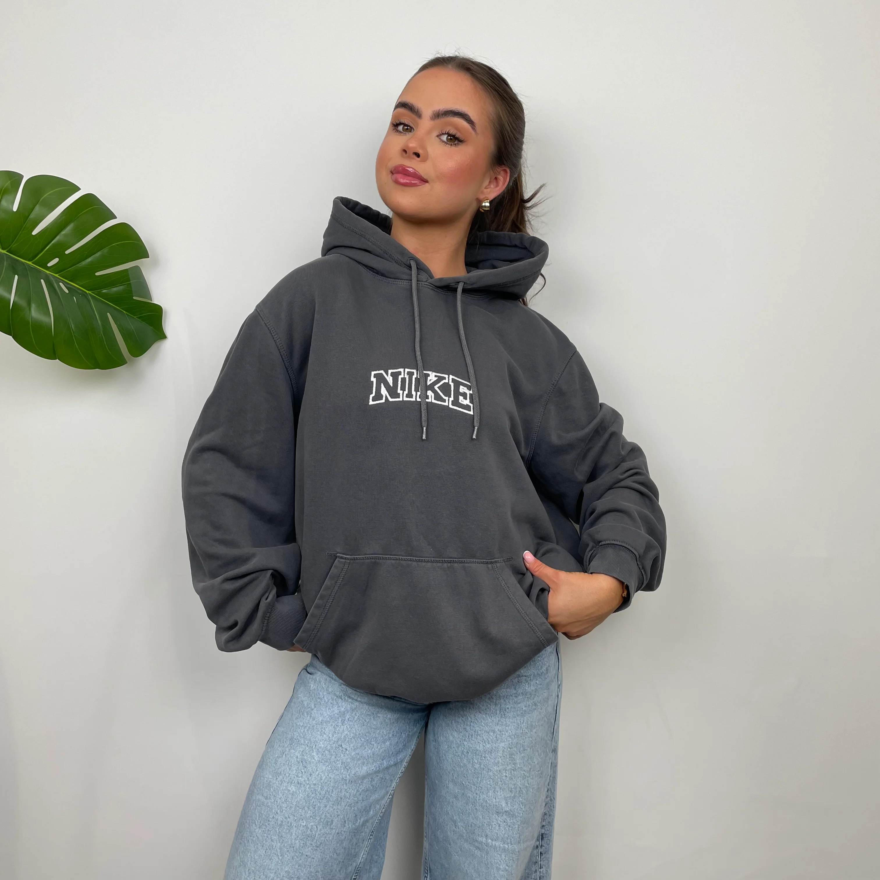 Nike Grey Embroidered Spell Out Hoodie (L) - Image 3