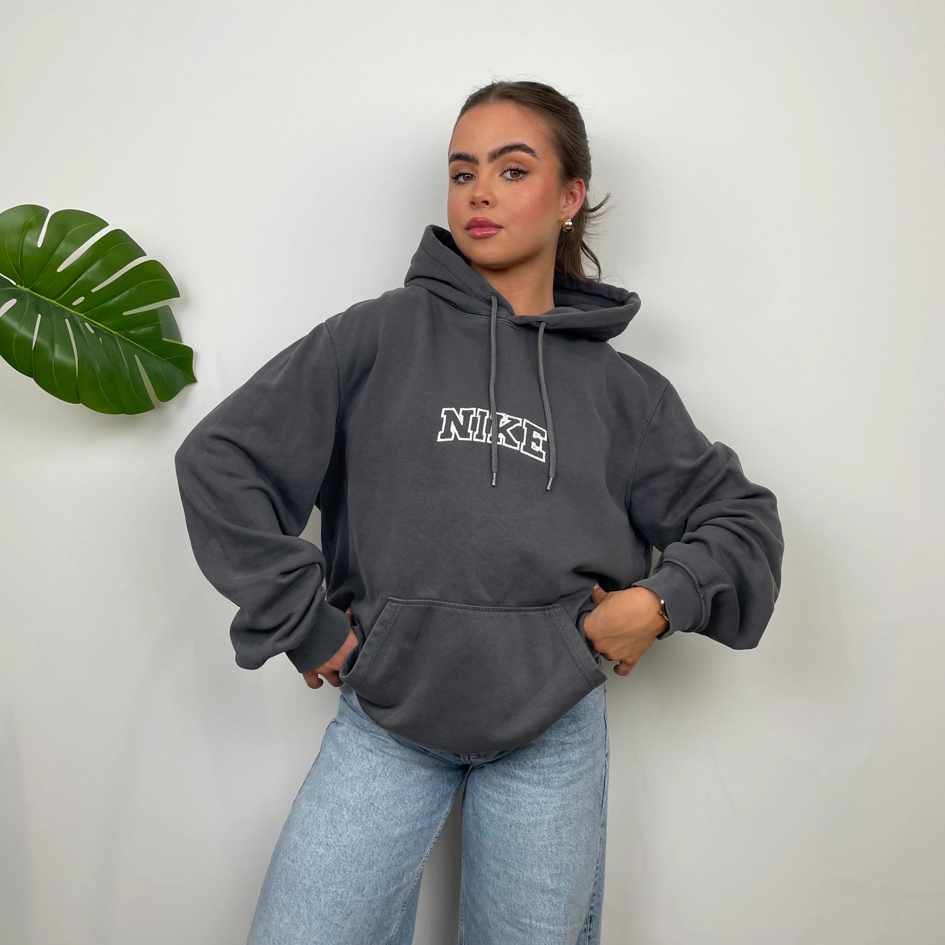 Nike Grey Embroidered Spell Out Hoodie (L) - Image 9