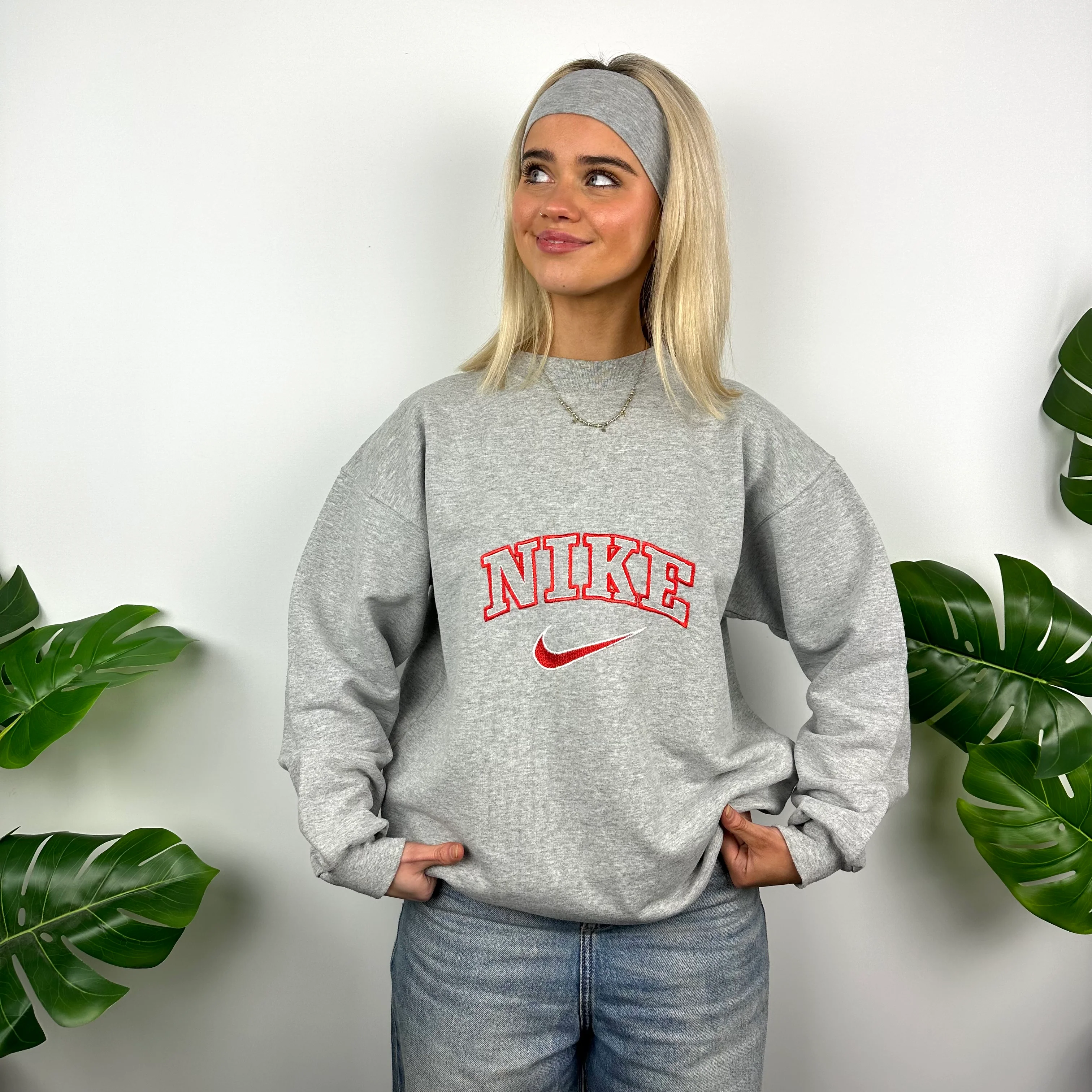 Nike Grey Embroidered Spell Out Sweatshirt (M) - Image 4