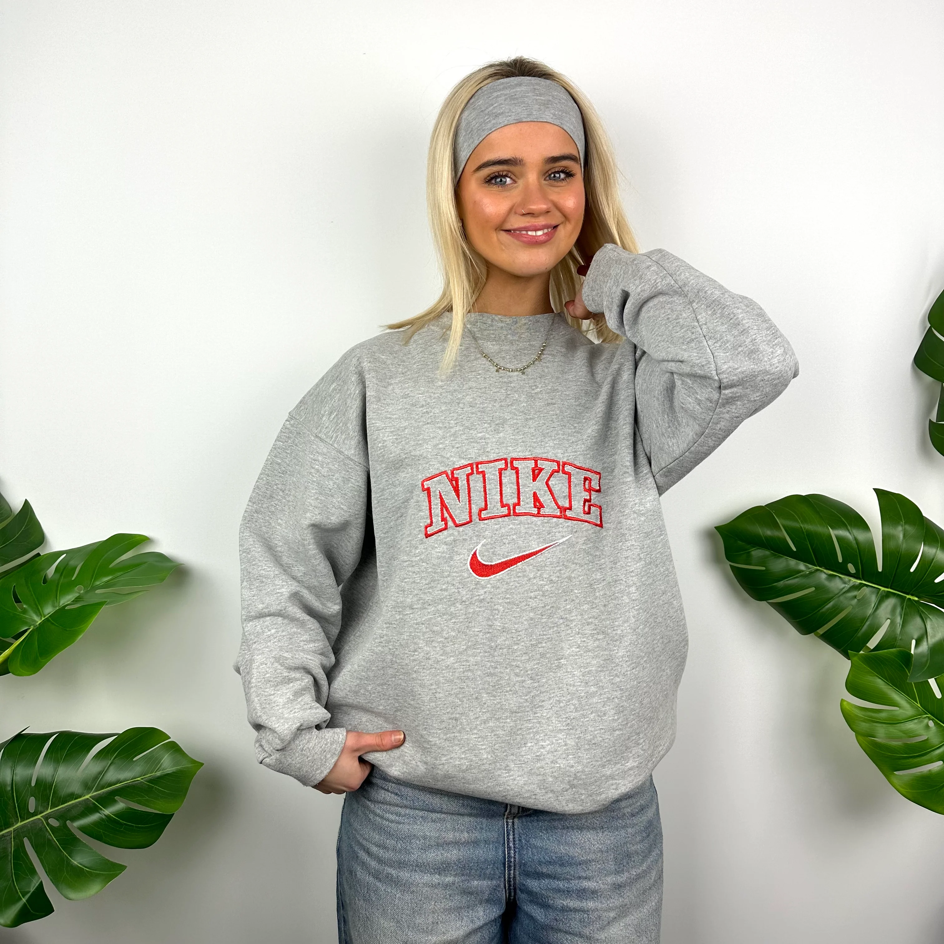 Nike Grey Embroidered Spell Out Sweatshirt (M) - Image 5