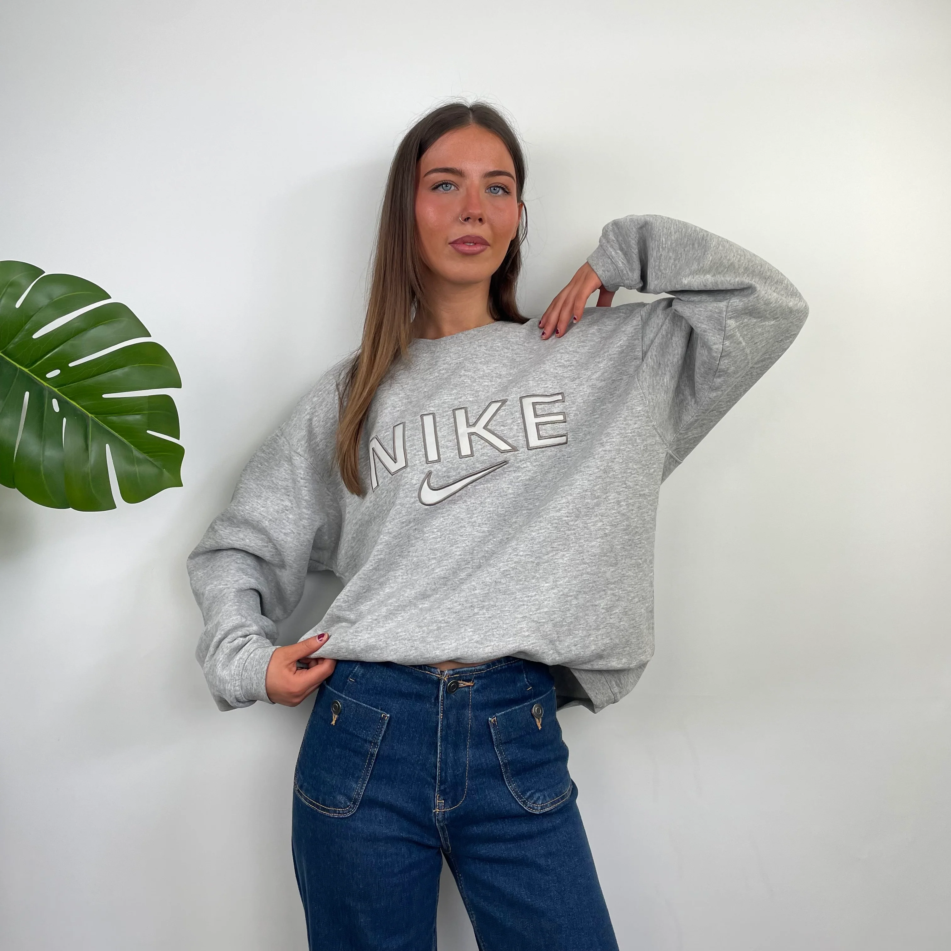 Nike Grey Embroidered Spell Out Sweatshirt (M) - Image 4