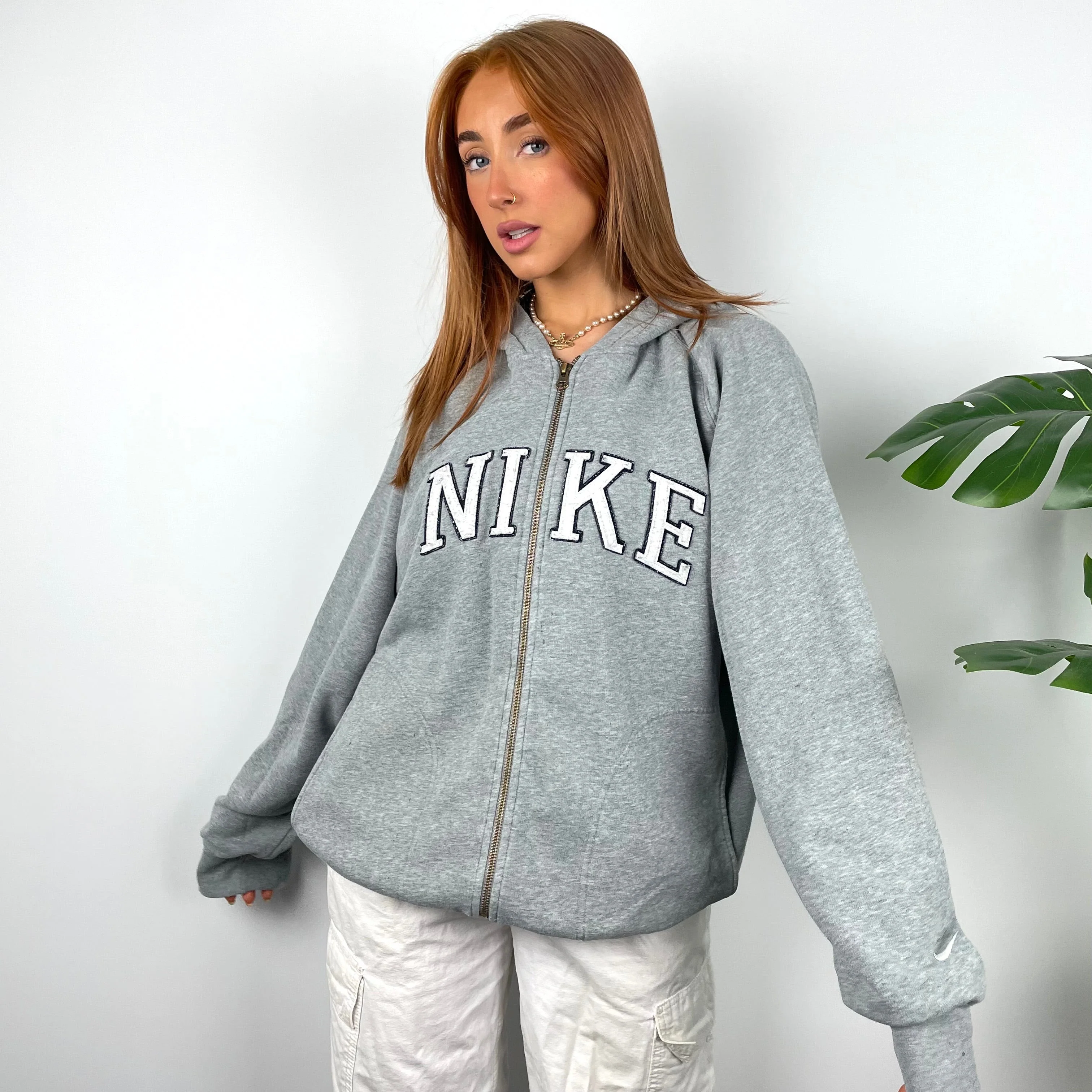 Nike Grey Embroidered Spell Out Zip Up Hoodie Jacket as worn by Annalivia Hynds (L) - Image 2